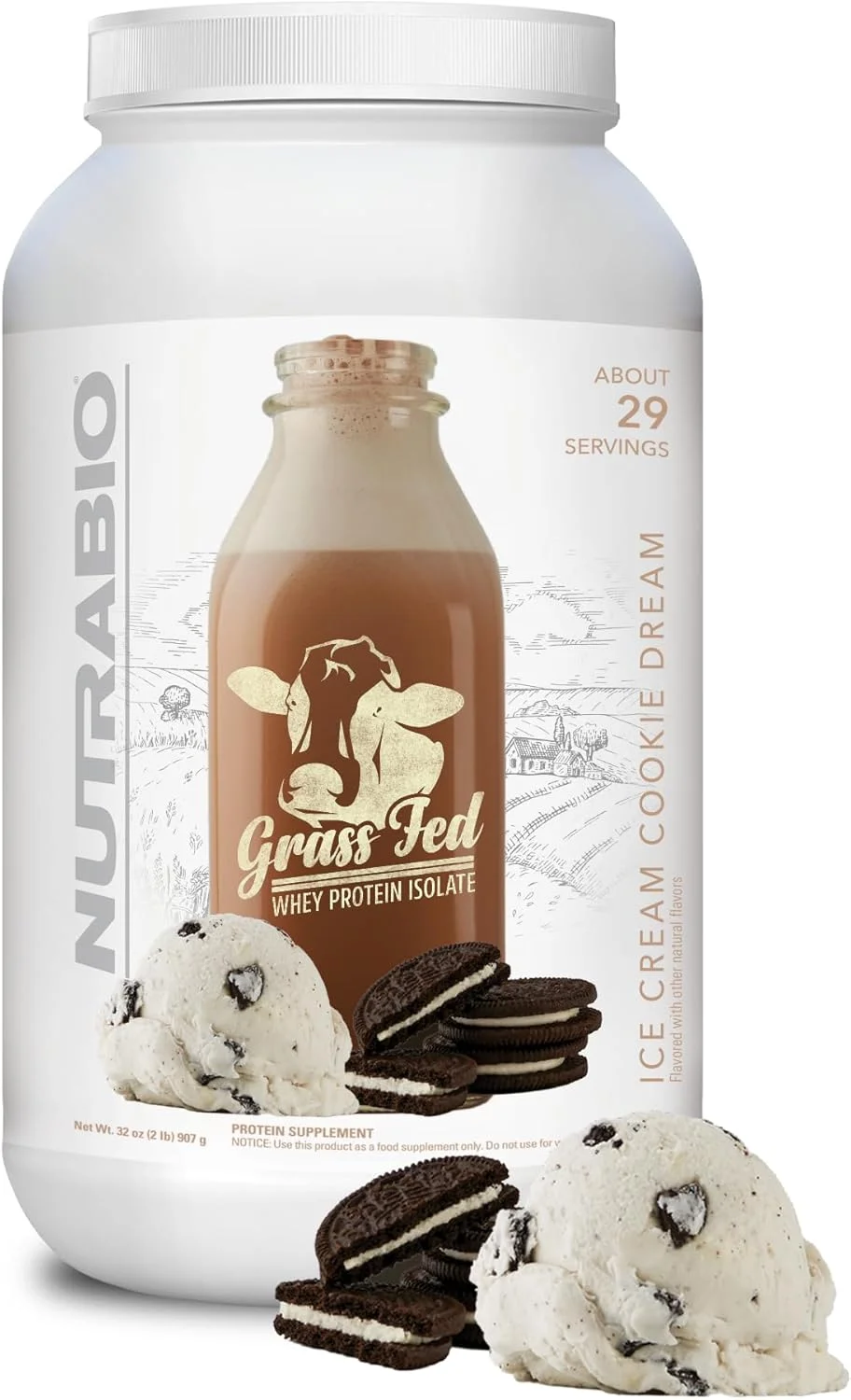 پودر پروتئین وی ایزوله گاو تغذیه شده با علف NutraBio - 25 گرم پروتئین در هر پیمانه - مکمل پروتئین عضله بدون قند - طعم رویای کوکی بستنی - 2 پوند، 29 سروینگ