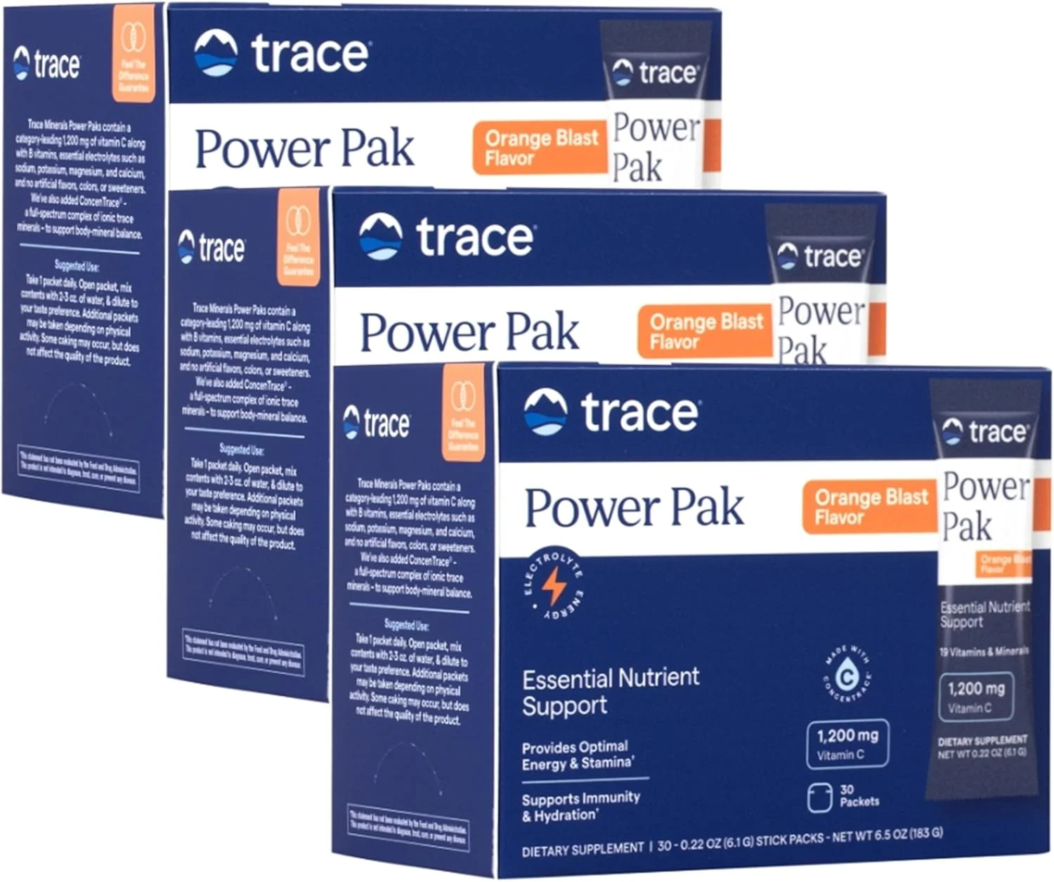 پاور پک مولتی ویتامین و مولتی مینرال تریس مینرالز - پشتیبانی الکترولیت - 1200 میلی گرم ویتامین C به همراه بیش از 70 ماده معدنی کمیاب - طعم انفجار پرتقال - 90 بسته