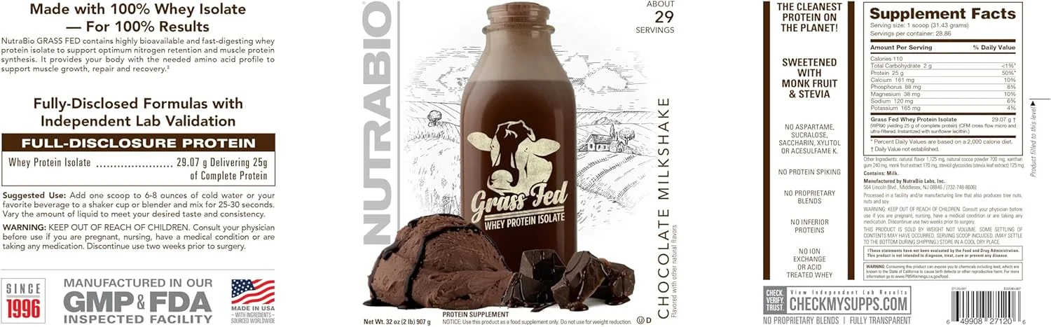 پودر پروتئین وی ایزوله NutraBio Grass Fed - 25 گرم پروتئین در هر پیمانه - مکمل پروتئین عضله بدون قند - شیک شکلاتی - 2 پوند، 29 سروینگ