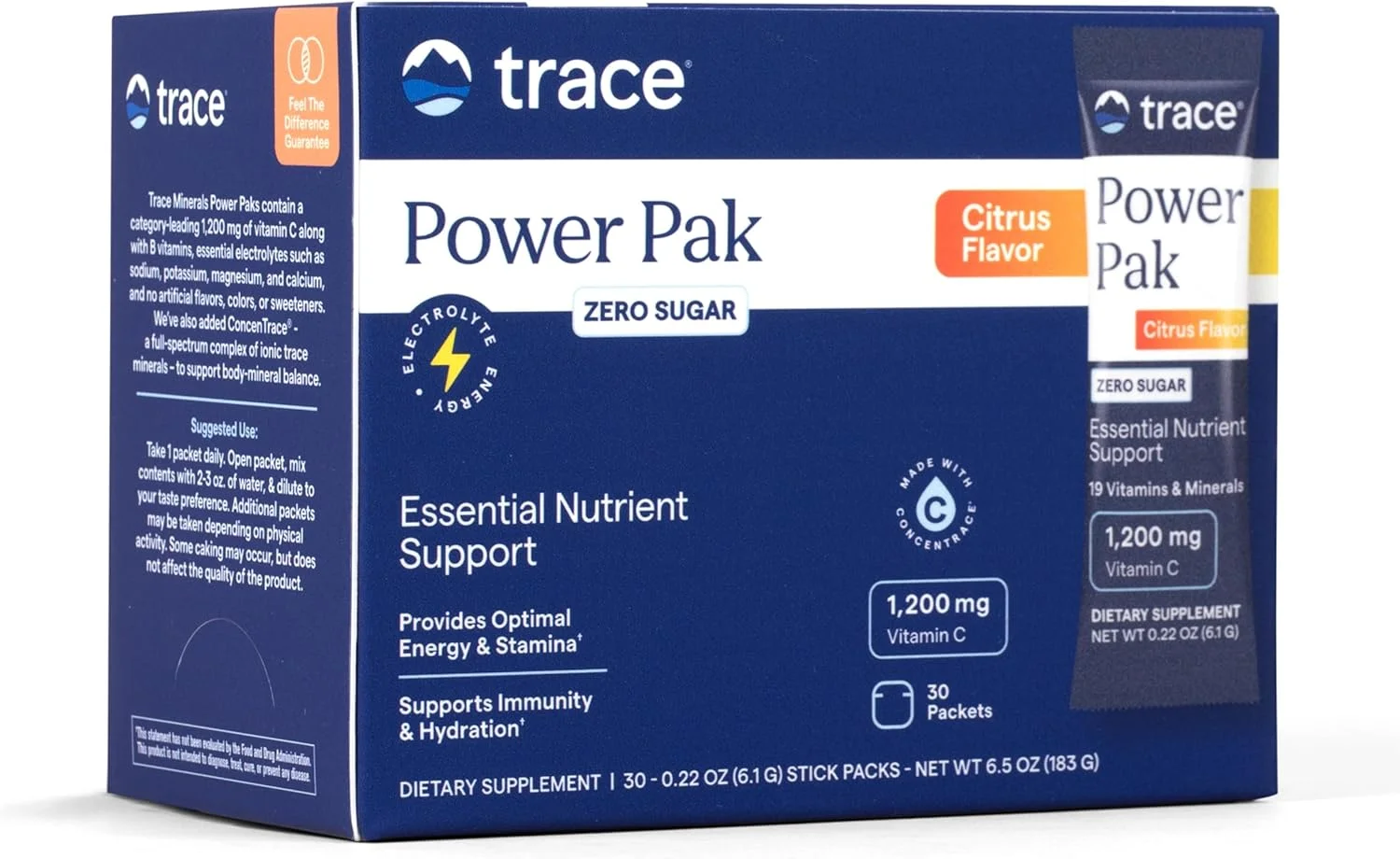 پاور پک مولتی ویتامین و مولتی مینرال تریس مینرالز - پشتیبانی الکترولیت - 1200 میلی گرم ویتامین C به همراه 70+ مواد معدنی کمیاب - بدون شکر - طعم مرکبات - 30 بسته