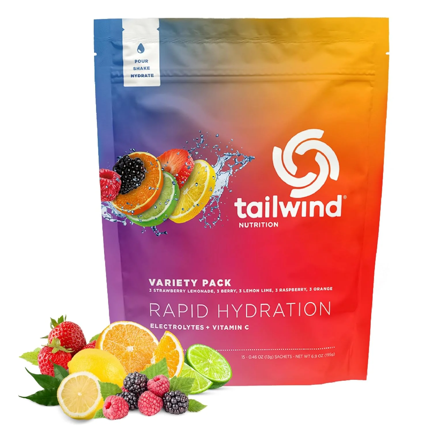 پودر آبرسانی سریع Tailwind Nutrition، الکترولیت و آبرسانی، ویتامین C و نمک دریایی، بسته 15 عددی با 5 طعم متنوع برای تمرینات ورزشی