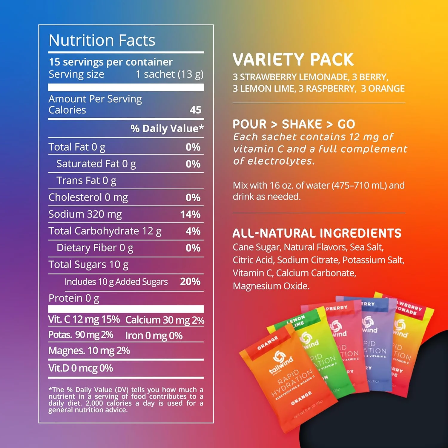 پودر آبرسانی سریع Tailwind Nutrition، الکترولیت و آبرسانی، ویتامین C و نمک دریایی، بسته 15 عددی با 5 طعم متنوع برای تمرینات ورزشی