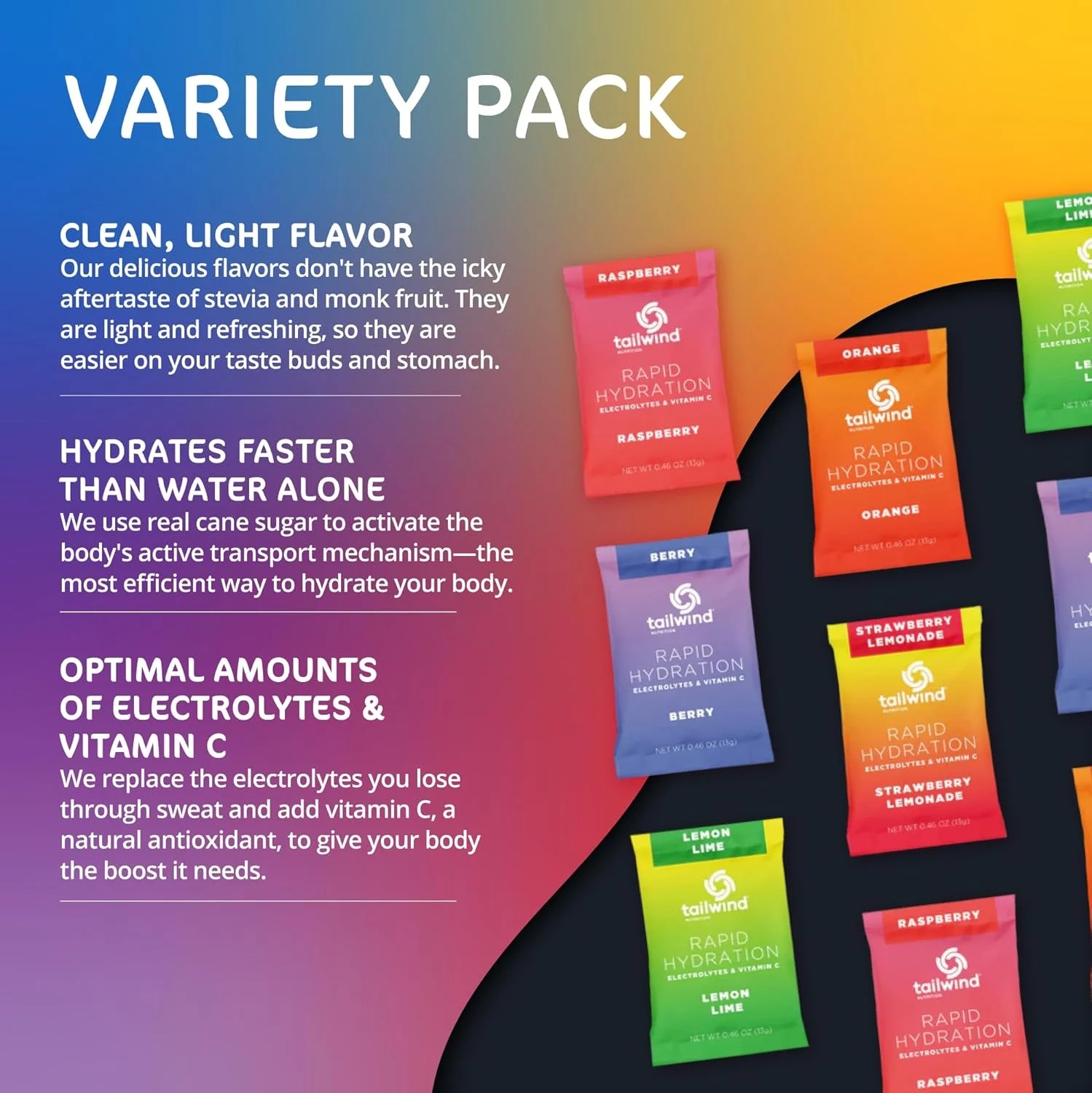 پودر آبرسانی سریع Tailwind Nutrition، الکترولیت و آبرسانی، ویتامین C و نمک دریایی، بسته 15 عددی با 5 طعم متنوع برای تمرینات ورزشی