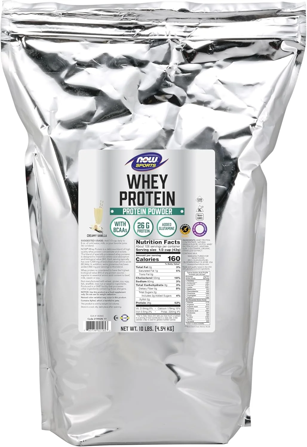 NOW Foods Sports Nutrition، پروتئین وی، 26 گرم با BCAAs، پودر وانیلی خامه‌ای، 4.5 کیلوگرم
