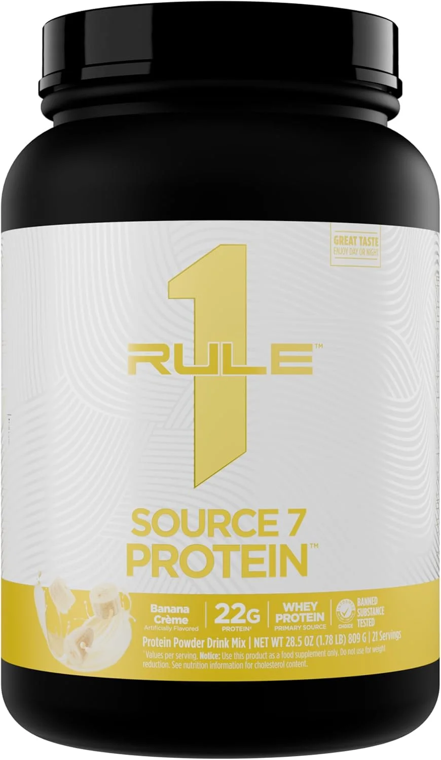 پروتئین Rule 1 Source 7 – طعم لذیذ، بافت نرم و مخملی، 22 گرم پروتئین در هر زمان، و 10 گرم EAA طبیعی در هر وعده از 7 منبع ممتاز (800 گرم*, کرم موز) پروتئین Rule 1 Source 7 – طعم لذیذ، بافت نرم و مخملی، 22 گرم پروتئین در هر زمان، و 10 گرم EAA طبیعی در هر وعده از 7 منبع ممتاز (800 گرم*, کرم موز)