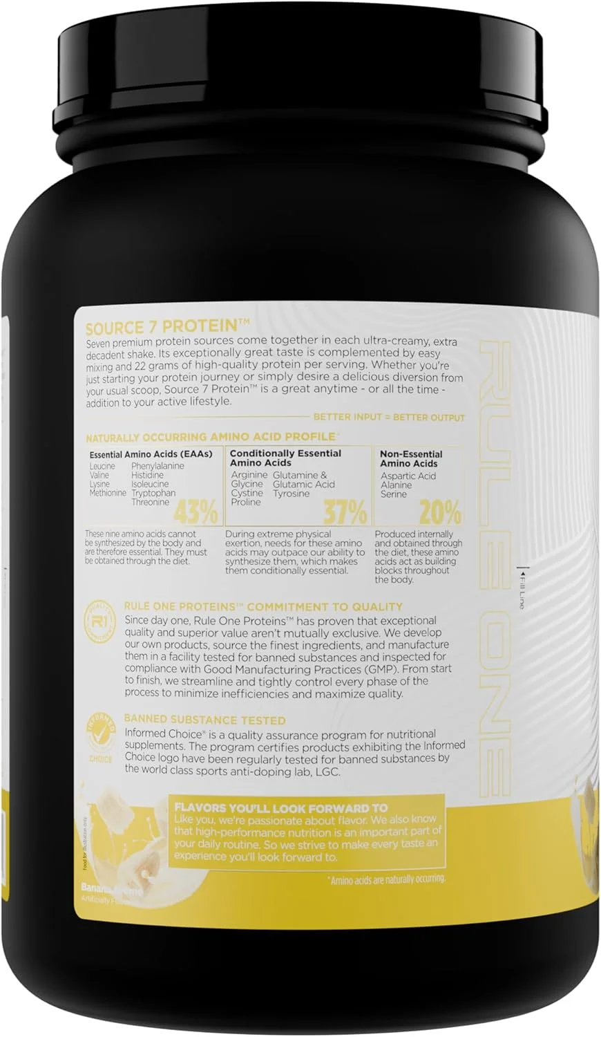 پروتئین Rule 1 Source 7 – طعم لذیذ، بافت نرم و مخملی، 22 گرم پروتئین در هر زمان، و 10 گرم EAA طبیعی در هر وعده از 7 منبع ممتاز (800 گرم*, کرم موز) پروتئین Rule 1 Source 7 – طعم لذیذ، بافت نرم و مخملی، 22 گرم پروتئین در هر زمان، و 10 گرم EAA طبیعی در هر وعده از 7 منبع ممتاز (800 گرم*, کرم موز)