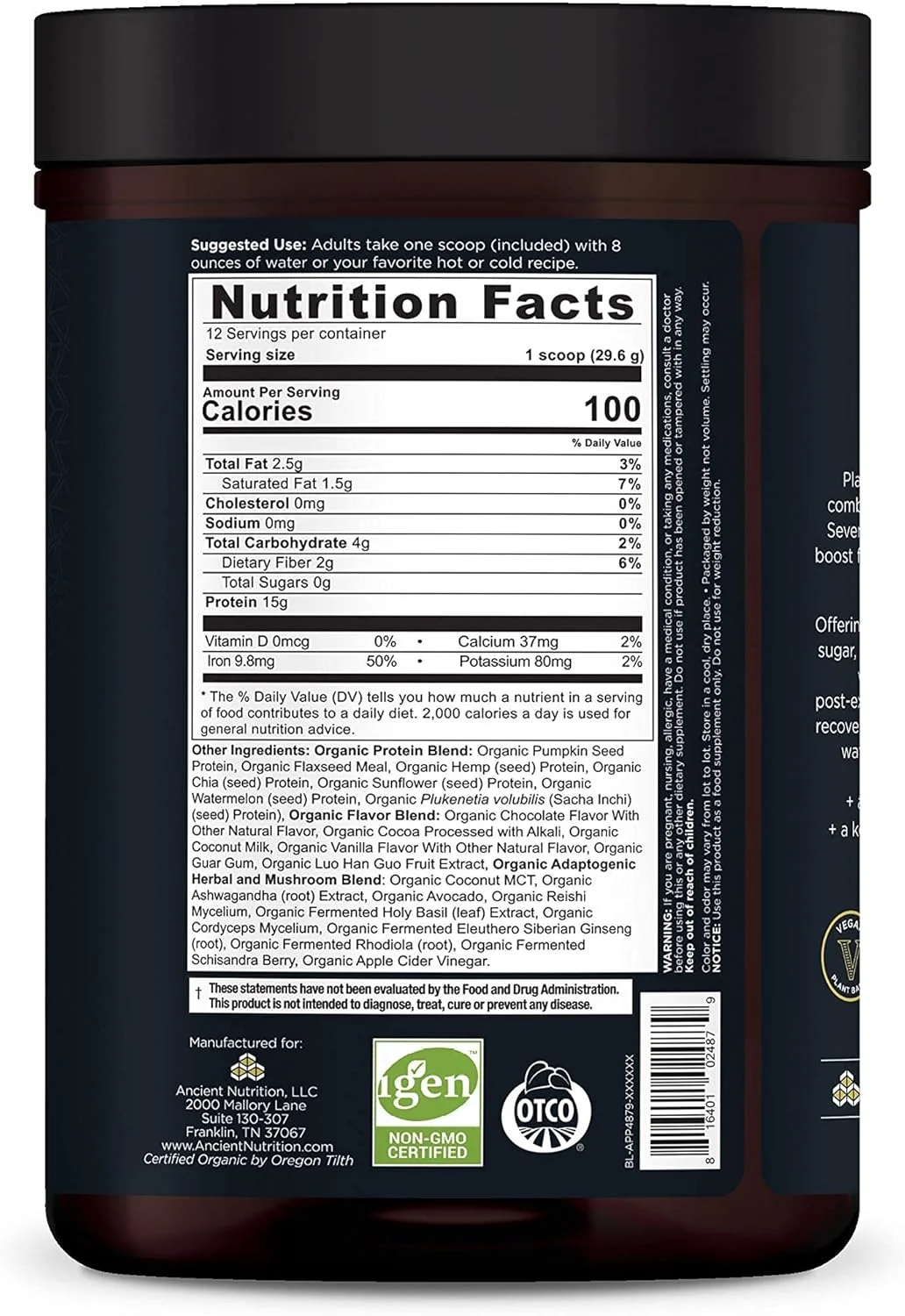 پودر پروتئین گیاهی Ancient Nutrition، پروتئین گیاهی +، شکلاتی، مکمل سوپرفود ارگانیک و وگان، 15 گرم پروتئین در هر وعده، بدون گلوتن، مناسب برای رژیم پالئو، 12 وعده