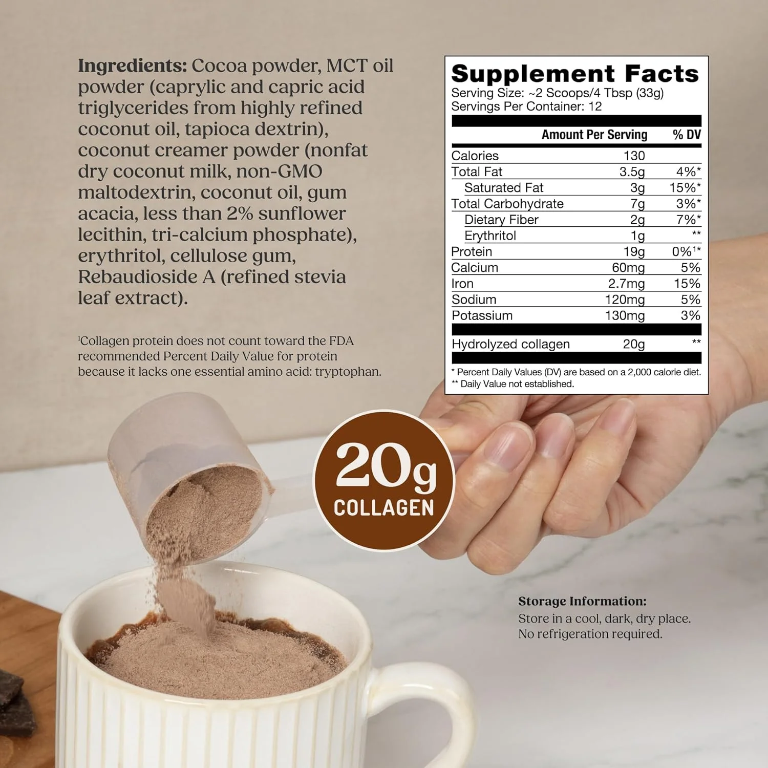 پودر پروتئین کلاژن شکلاتی با روغن MCT، 19 گرم پروتئین، 500 گرم، پپتیدهای کلاژن و آمینو اسیدها برای پوست، استخوان ها و مفاصل سالم