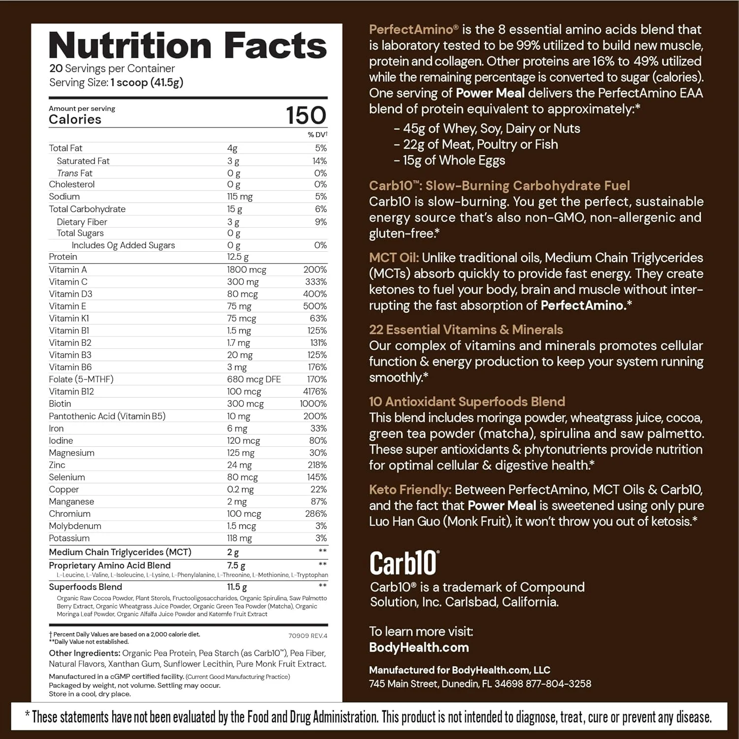 پودر شیک غذایی پرفکت آمینو پاور میل BodyHealth با طعم شکلات تلخ جدید، حاوی روغن MCT و کرب 10 و پایه پروتئین پرفکت آمینو (20 سروینگ)