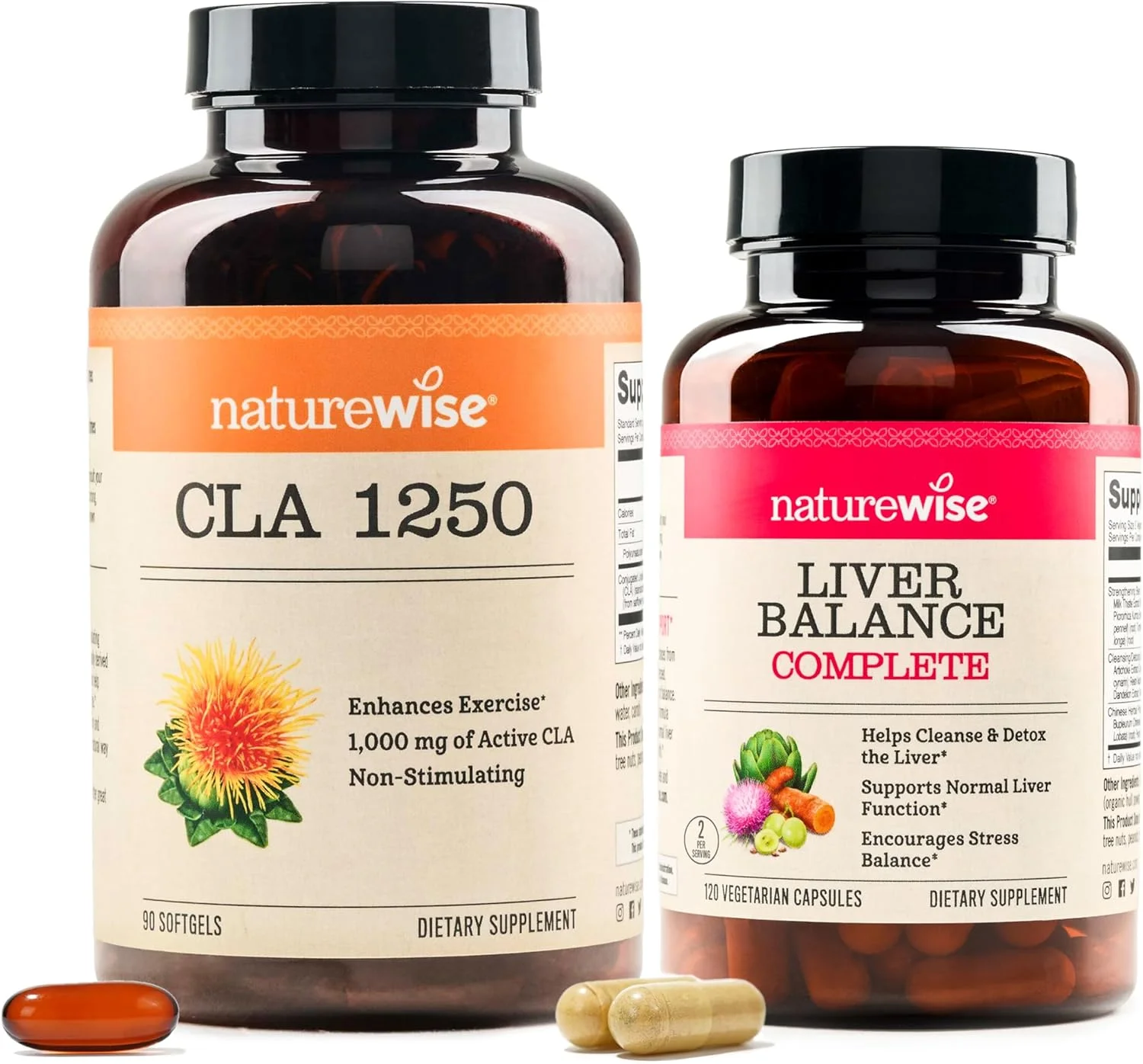 NatureWise CLA 1250 - مکمل CLA، غیر محرک، غیر GMO - 90 سافت ژل [تامین 30 روزه] + [1] تعادل کبد - خار مریم، قاصدک، زردچوبه - 120 کپسول [تامین 60 روزه]