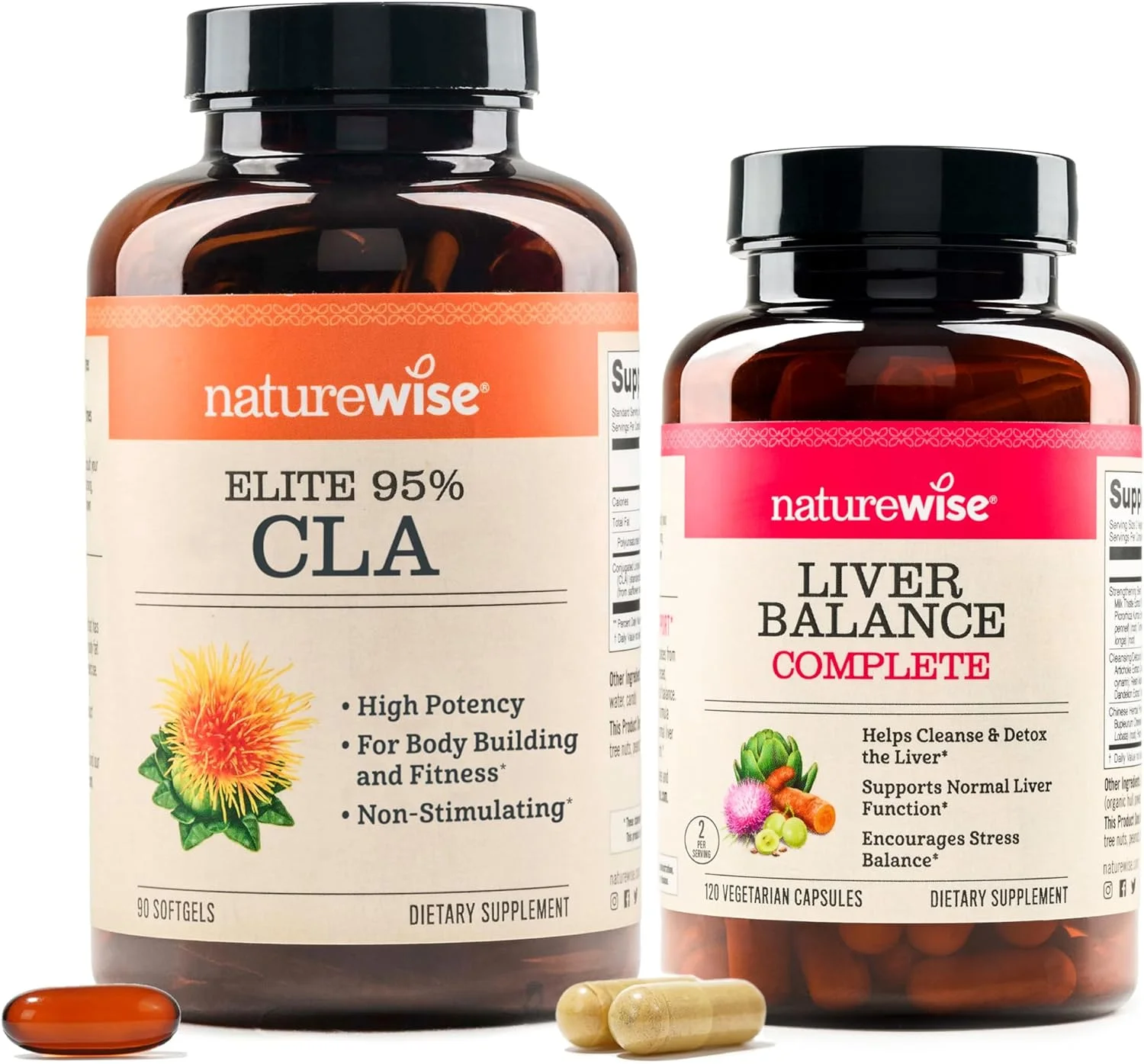 NatureWise [1] CLA 1300 - غیر محرک، غیر GMO - 90 سافت ژل [تامین 30 روزه] + [1] تعادل کبد - خار مریم، قاصدک، زردچوبه - 120 کپسول [تامین 60 روزه]