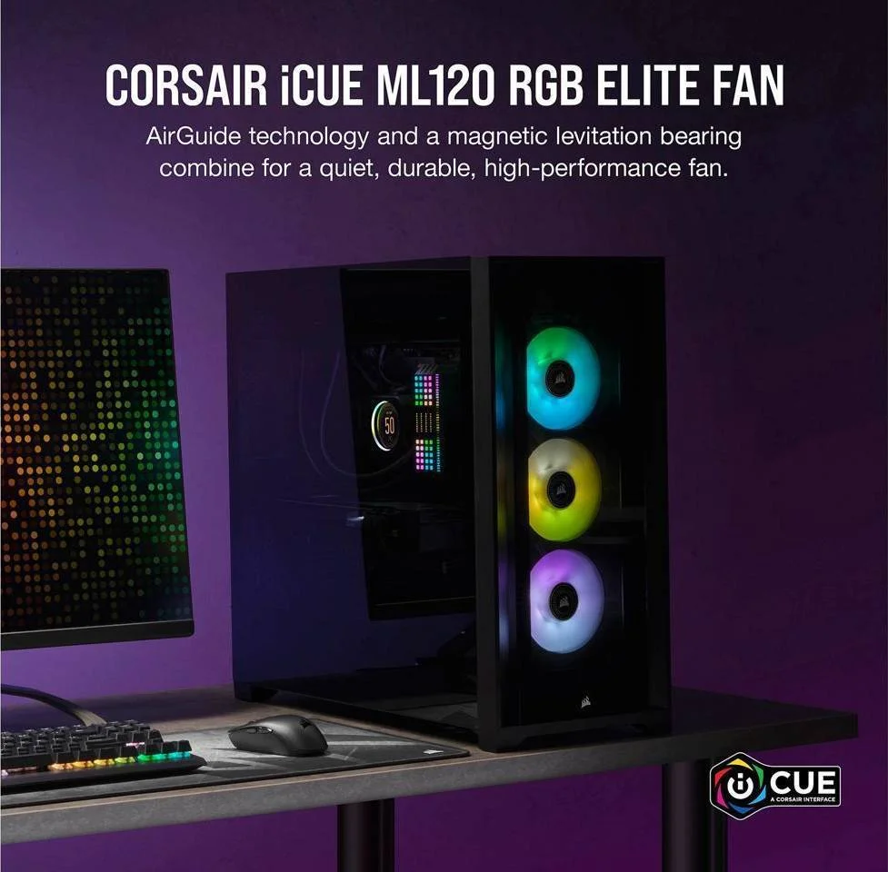 فن ممتاز PWM کرسیر iCUE ML120 RGB Elite، سایز 120 میلیمتری، فن با شناوری مغناطیسی، سرعت 450-2000 دور در دقیقه، سطح صدا 10-30.4dBA، تک عددی، مشکی | CO-9050112-WW فن ممتاز PWM کرسیر iCUE ML120 RGB Elite، سایز 120 میلیمتری، فن با شناوری مغناطیسی، سرعت 450-2000 دور در دقیقه، سطح صدا 10-30.4dBA، تک عددی، مشکی | CO-9050112-WW