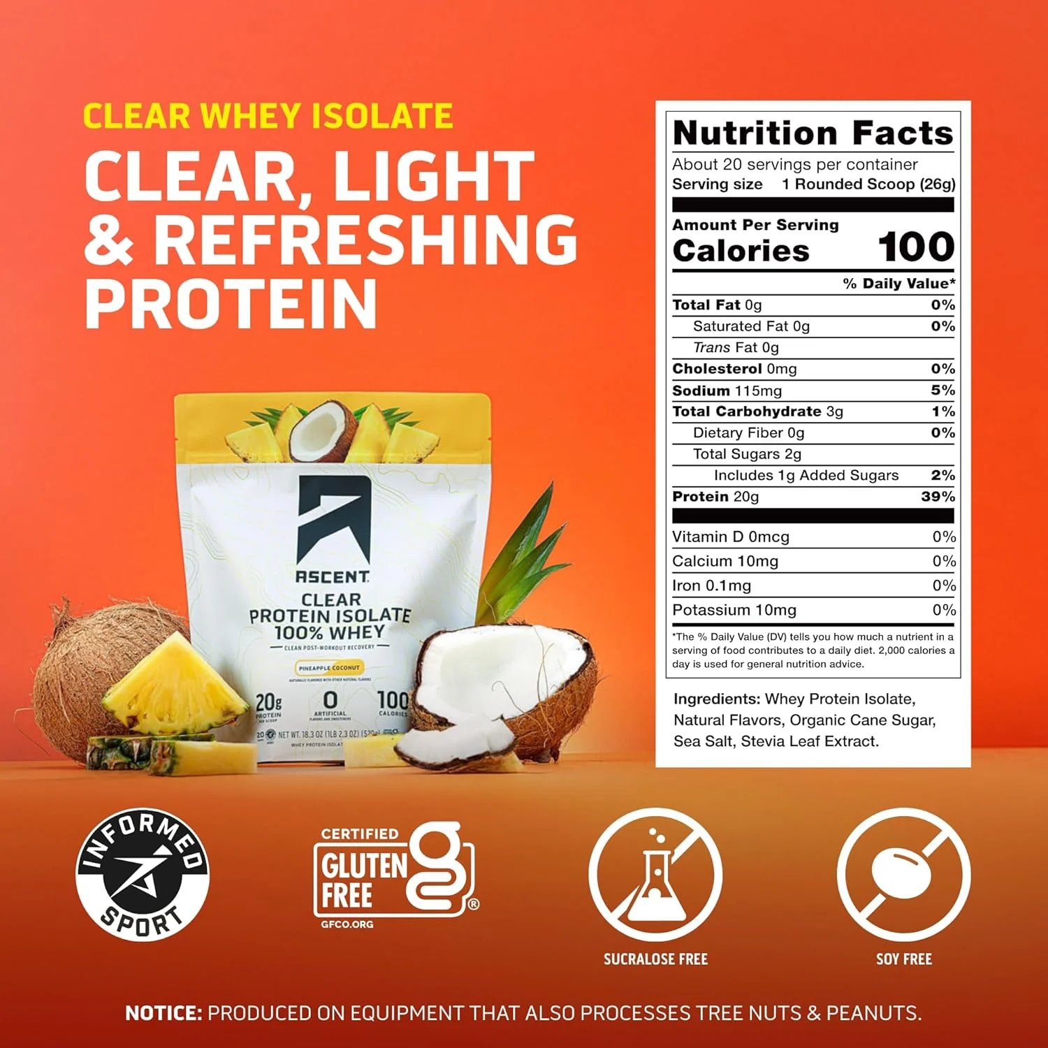 پودر پروتئین وی ایزوله 100% خالص Ascent - پروتئین وی ایزوله بعد از تمرین، بدون طعم دهنده ها و شیرین کننده های مصنوعی، بدون گلوتن، 5.5 گرم BCAA، 2.1 گرم لوسین، آمینو اسیدهای ضروری، آناناس نارگیل، 20 سروینگ پودر پروتئین وی ایزوله 100% خالص Ascent - پروتئین وی ایزوله بعد از تمرین، بدون طعم دهنده ها و شیرین کننده های مصنوعی، بدون گلوتن، 5.5 گرم BCAA، 2.1 گرم لوسین، آمینو اسیدهای ضروری، آناناس نارگیل، 20 سروینگ