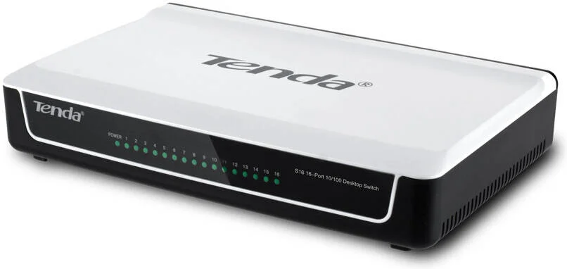 سوئیچ 16 پورت 10/100 مگابیت بر ثانیه Tenda S16، ظرفیت سوئیچ 3.2 گیگابیت بر ثانیه، نرخ ارسال 2.38Mpps، بافر 1.25 مگابیت، قابلیت نصب رومیزی و دیواری، 10 عدد، سفید/مشکی | S16