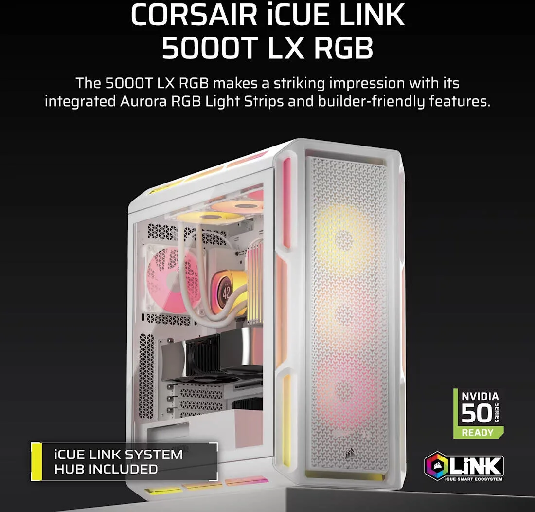 کیس کامپیوتر میان برج Corsair iCUE LINK 5000T LX RGB، با عملکرد بالا، 3 عدد فن LX120 RGB از پیش نصب شده، پشتیبانی از رادیاتور تا 360 میلیمتر و 10 فن، پنلهای جریان هوای جلو و بالا، سفید | CC-9011299-WW کیس کامپیوتر میان برج Corsair iCUE LINK 5000T LX RGB، با عملکرد بالا، 3 عدد فن LX120 RGB از پیش نصب شده، پشتیبانی از رادیاتور تا 360 میلیمتر و 10 فن، پنلهای جریان هوای جلو و بالا، سفید | CC-9011299-WW
