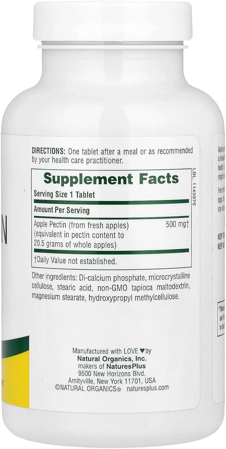 پکتین سیب NaturesPlus - 500 میلی گرم، 180 قرص - مکمل فیبر طبیعی - گیاهی، بدون گلوتن - 180 سروینگ