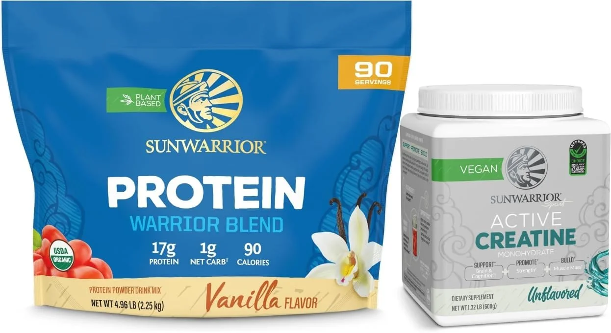 مجموعه پودر کراتین و پودر پروتئین گیاهی ارگانیک وانیلی سان واریر | بسته ویژه و مقرون به صرفه | پروتئین گیاهی ارگانیک به همراه کراتین مونوهیدرات بدون طعم (120 سروینگ بدون طعم، 90 سروینگ وانیلی) مجموعه پودر کراتین و پودر پروتئین گیاهی ارگانیک وانیلی سان واریر | بسته ویژه و مقرون به صرفه | پروتئین گیاهی ارگانیک به همراه کراتین مونوهیدرات بدون طعم (120 سروینگ بدون طعم، 90 سروینگ وانیلی)