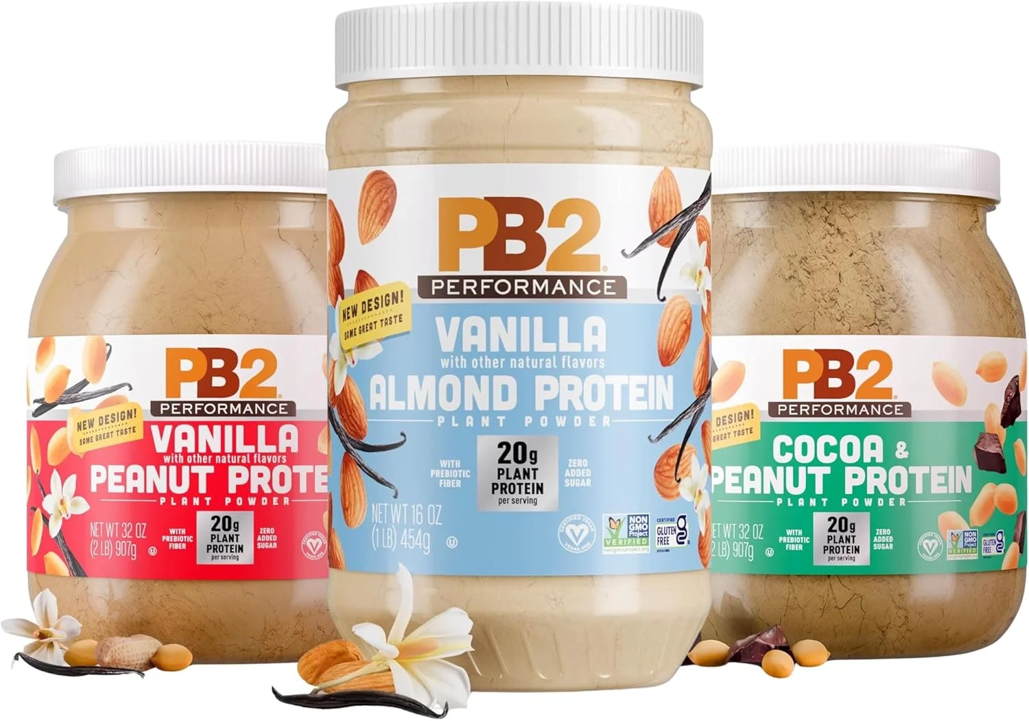 مجموعه پودر پروتئین عملکردی PB2 - 900 گرم بادام زمینی کاکائو هلندی، 900 گرم بادام زمینی وانیلی ماداگاسکار، 450 گرم بادام وانیلی ماداگاسکار - وگان، غیر تراریخته، بدون گلوتن، غیر لبنی، پروتئین بالا [بسته 3 عددی]
