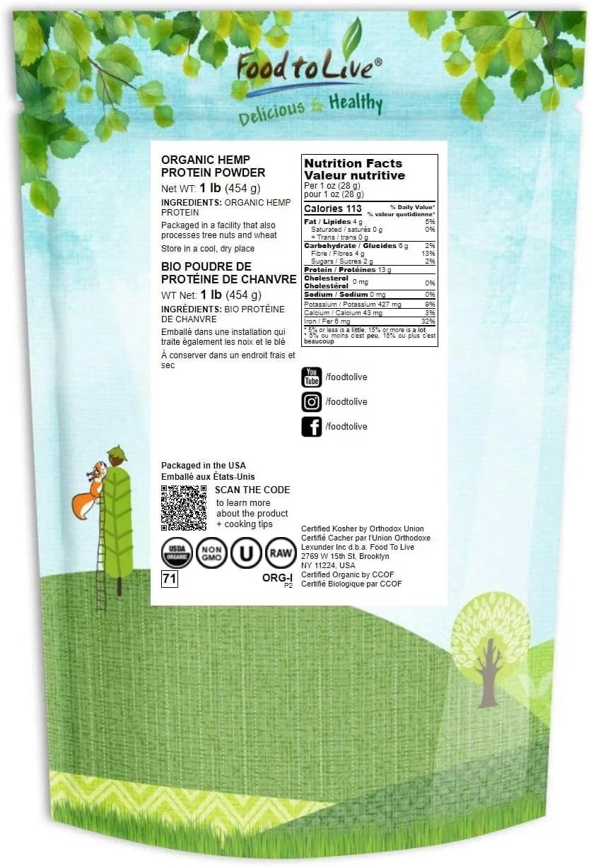 پودر پروتئین شاهدانه ارگانیک فود تو لایو، 450 گرم - 50% پروتئین، غیر GMO، غیر پرتودهی شده، خالص، کوشر، سوپرفود وگان، غنی از آهن و فیبر