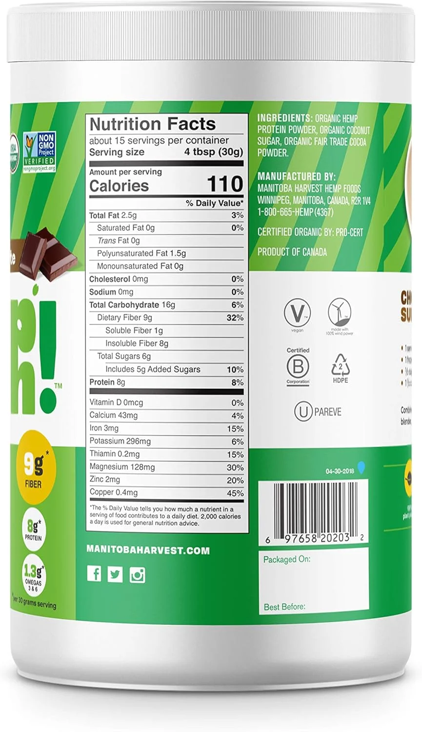 پودر پروتئین فیبر شاهدانه ارگانیک مانیتوبا هاروست، شکلاتی، 453 گرم؛ حاوی 10 گرم فیبر و 8 گرم پروتئین در هر وعده، بدون مواد نگهدارنده