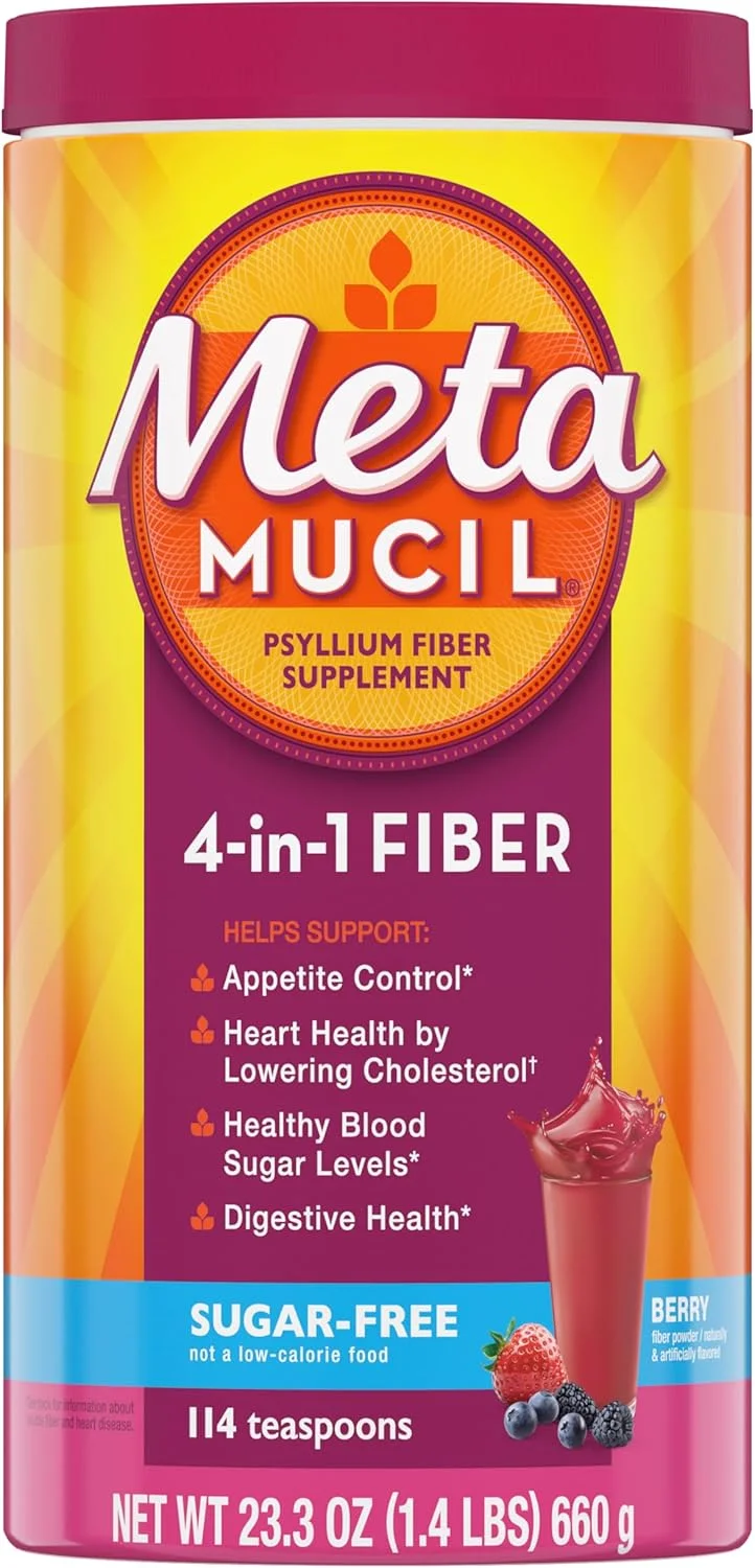 مکمل فیبر 4 در 1 Metamucil، پودر پوسته پسیلیوم، پودر بدون شکر، نوشیدنی با طعم توت، 114 سروینگ