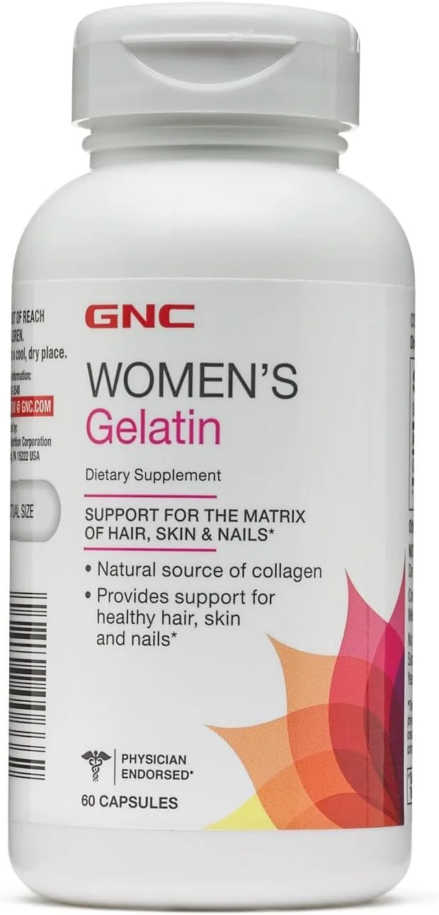مکمل ژلاتین بانوان GNC، پشتیبانی از سلامت مو، پوست و ناخن، منبع طبیعی کلاژن، 60 کپسول