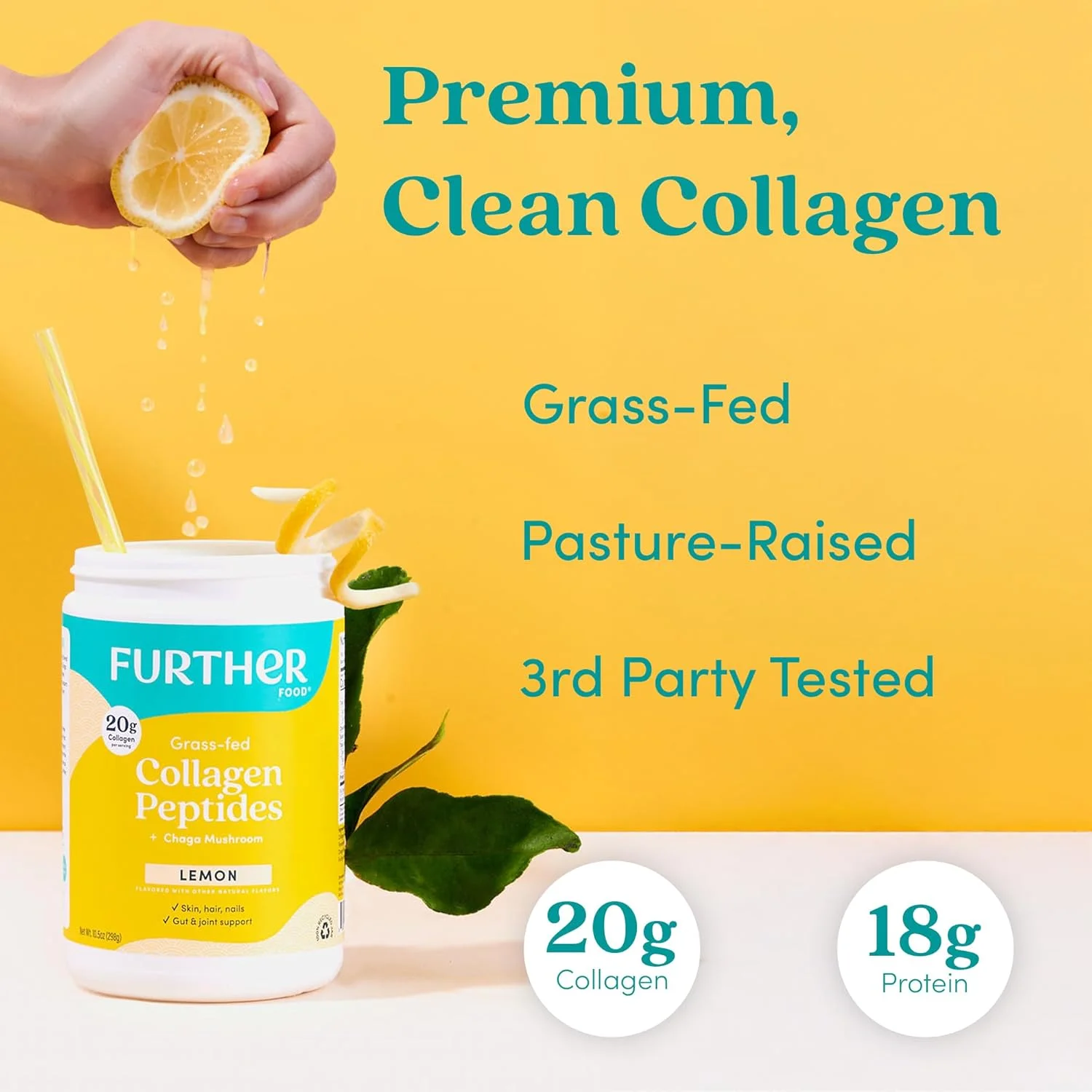 پودر پپتیدهای کلاژن لیمو Further Food - تهیه شده از 100% گاو تغذیه شده با علف، هیدرولیز شده نوع 1 و 3، 20 گرم کلاژن در هر وعده، پشتیبانی از پوست، مو، ناخن و مفاصل، 10.5 اونس