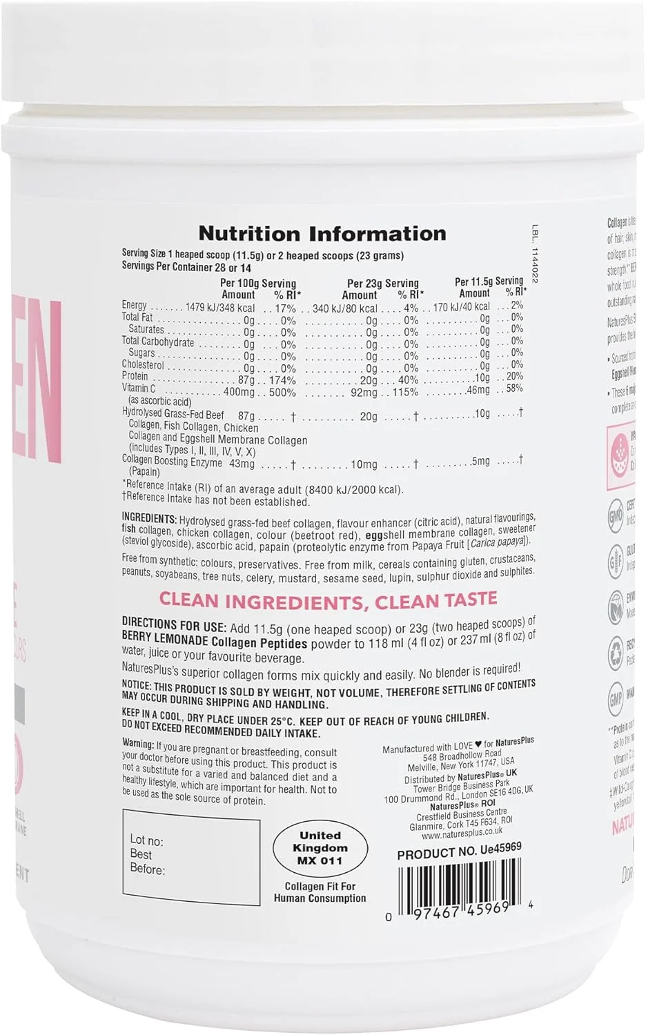 پپتیدهای کلاژن نیچرز پلاس، طعم بری لیموناد - پودر 360 گرمی - سلامت مو، پوست، ناخن و مفاصل، پشتیبانی از سیستم ایمنی - غیر تراریخته، بدون گلوتن - 14 سروینگ