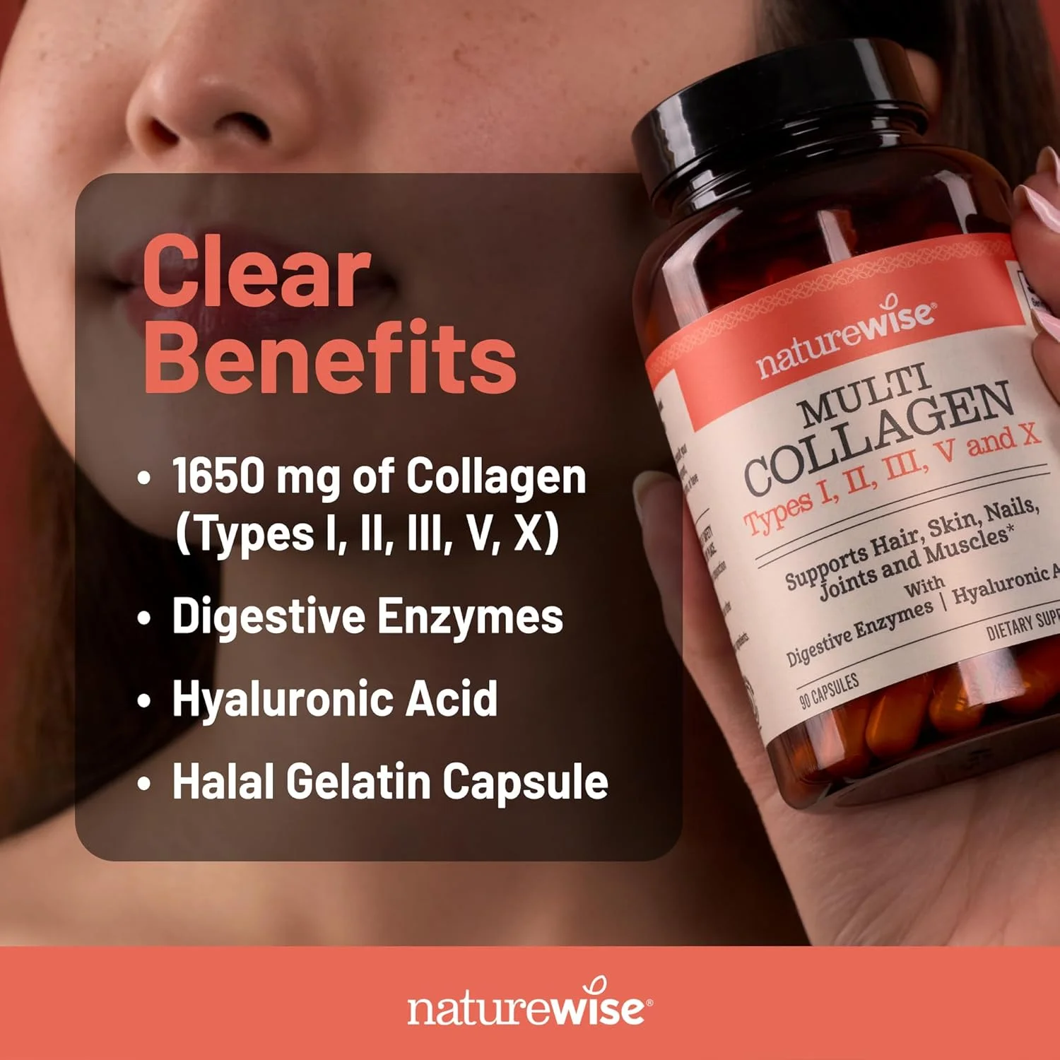 قرص های پپتیدهای کلاژن چندگانه NatureWise برای زنان و مردان - انواع I، II، III، V، X با اسید هیالورونیک - پشتیبانی از سلامت پوست، مو، مفاصل* - تغذیه شده با علف، بدون گلوتن، غیر GMO - 90 کپسول [تامین 30 روزه]