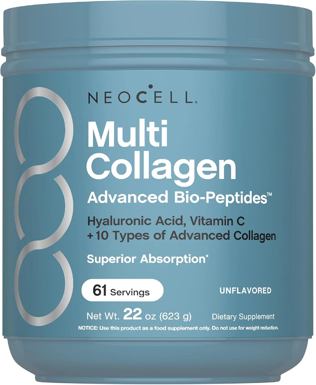 پودر بیو پپتیدهای کلاژن چندگانه NeoCell | 623 گرم | پیشرفته با اسید هیالورونیک و ویتامین C | 10 نوع فوق العاده کلاژن | جذب برتر | مکمل پروتئین تغذیه شده با علف