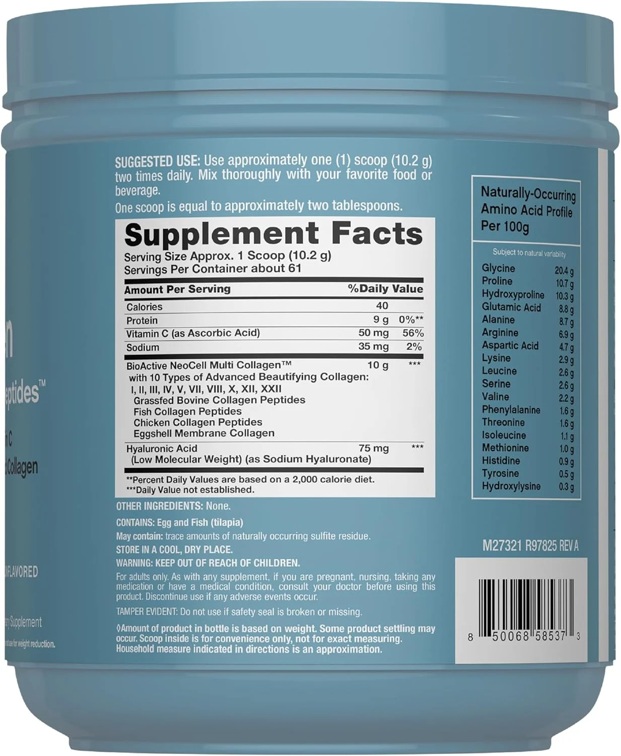 پودر بیو پپتیدهای کلاژن چندگانه NeoCell | 623 گرم | پیشرفته با اسید هیالورونیک و ویتامین C | 10 نوع فوق العاده کلاژن | جذب برتر | مکمل پروتئین تغذیه شده با علف