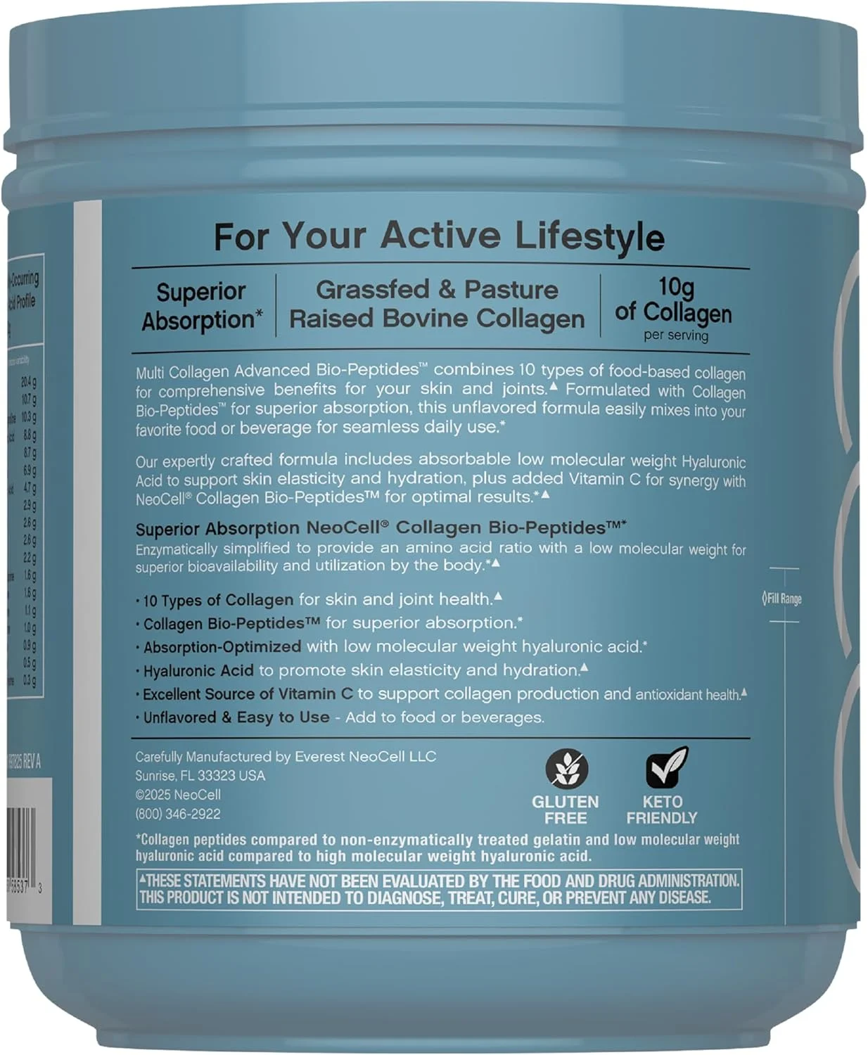 پودر بیو پپتیدهای کلاژن چندگانه NeoCell | 623 گرم | پیشرفته با اسید هیالورونیک و ویتامین C | 10 نوع فوق العاده کلاژن | جذب برتر | مکمل پروتئین تغذیه شده با علف