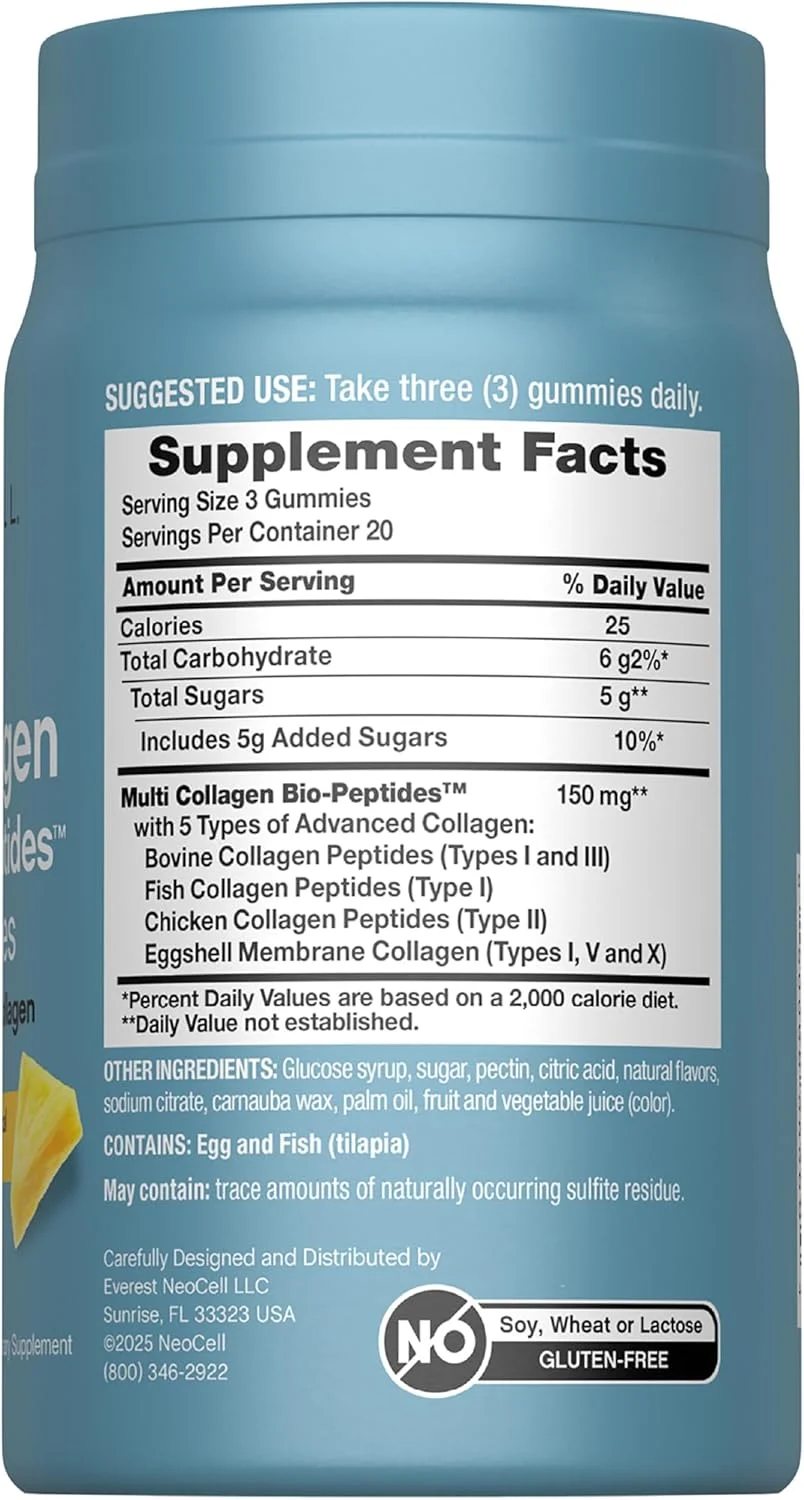 پاستیل های بیو پپتید کلاژن چندگانه NeoCell | 60 عدد | طعم استوایی | نوع I، II، III، V، X | فرمول پیشرفته BioActive