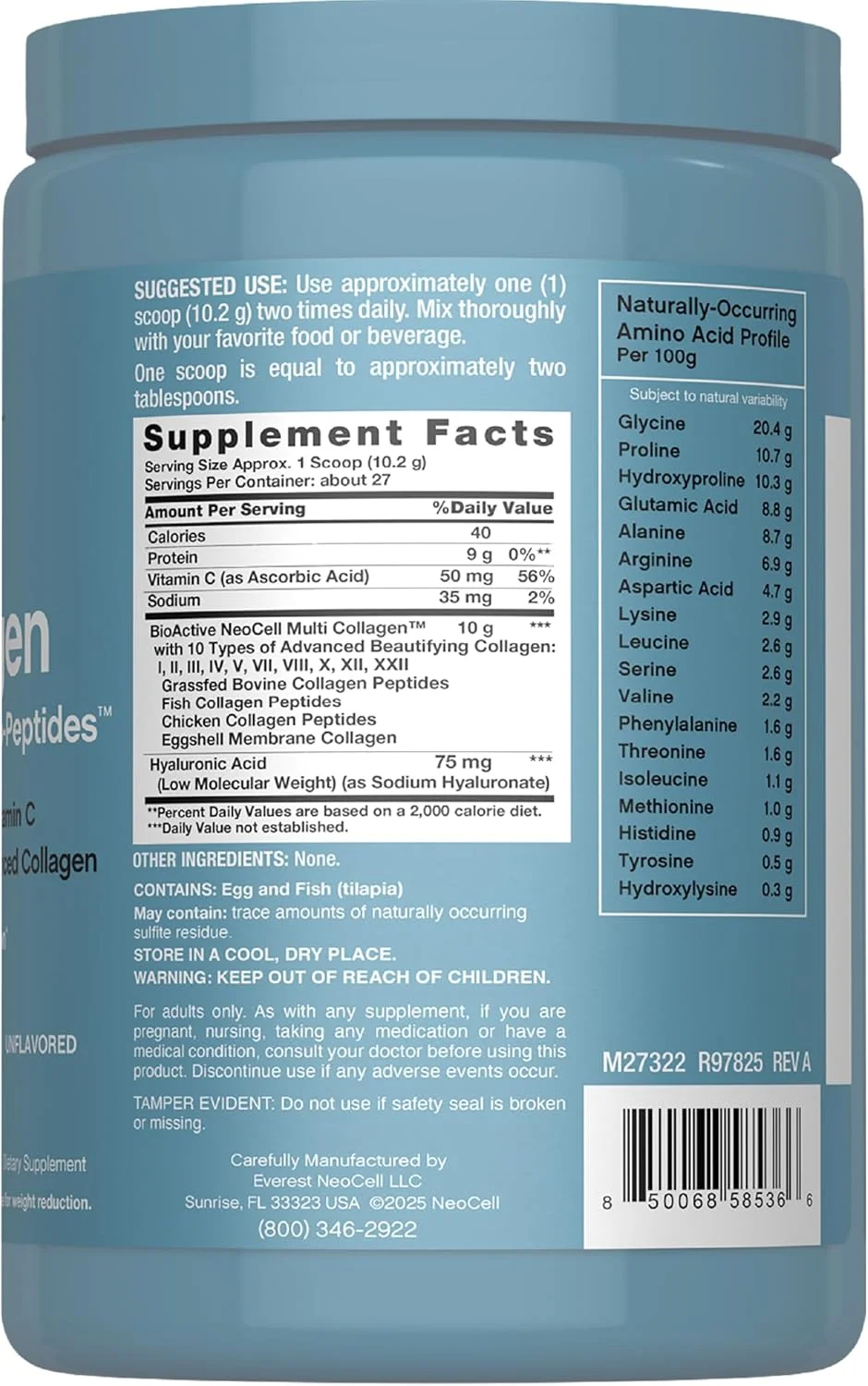 پودر کلاژن بایو پپتیدهای چندگانه NeoCell | 623 گرم | پیشرفته با اسید هیالورونیک و ویتامین C | 10 نوع کلاژن | جذب برتر | مکمل پروتئین تغذیه شده با علف
