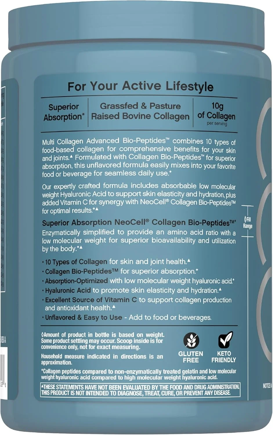 پودر کلاژن بایو پپتیدهای چندگانه NeoCell | 623 گرم | پیشرفته با اسید هیالورونیک و ویتامین C | 10 نوع کلاژن | جذب برتر | مکمل پروتئین تغذیه شده با علف