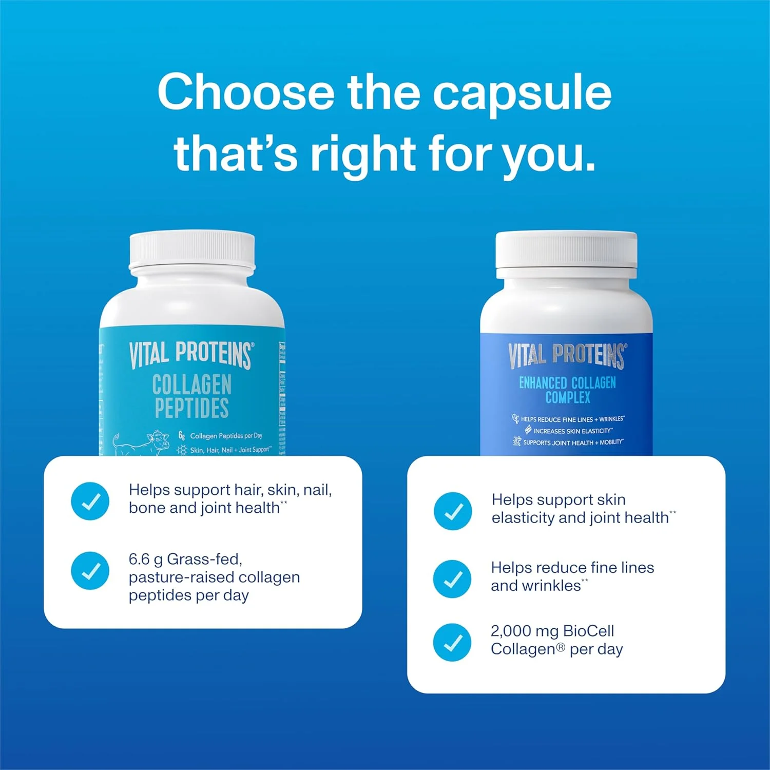 کپسول های کمپلکس کلاژن تقویت شده Vital Proteins® با BioCell Collagen® - پشتیبانی از خاصیت ارتجاعی پوست، سلامت مفاصل و کمک به کاهش خطوط ریز و چین و چروک (1) - 60 عدد