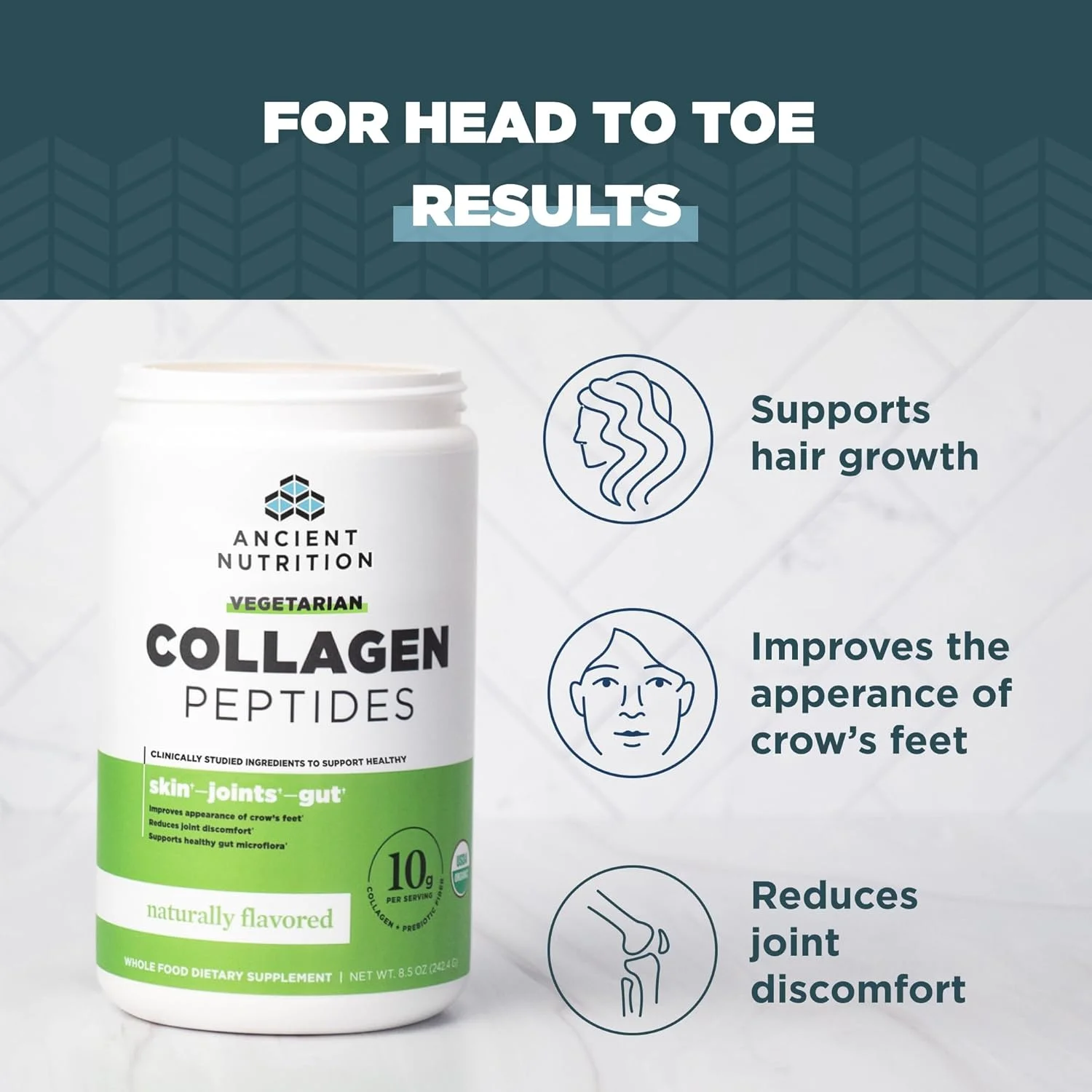 پپتیدهای کلاژن گیاهی Ancient Nutrition، پودر پپتیدهای کلاژن، پودر کلاژن با طعم طبیعی، پری‌بیوتیک‌ها و پروبیوتیک‌ها، پشتیبانی از سلامت پوست، مو، مفاصل، هضم، 28 سروینگ