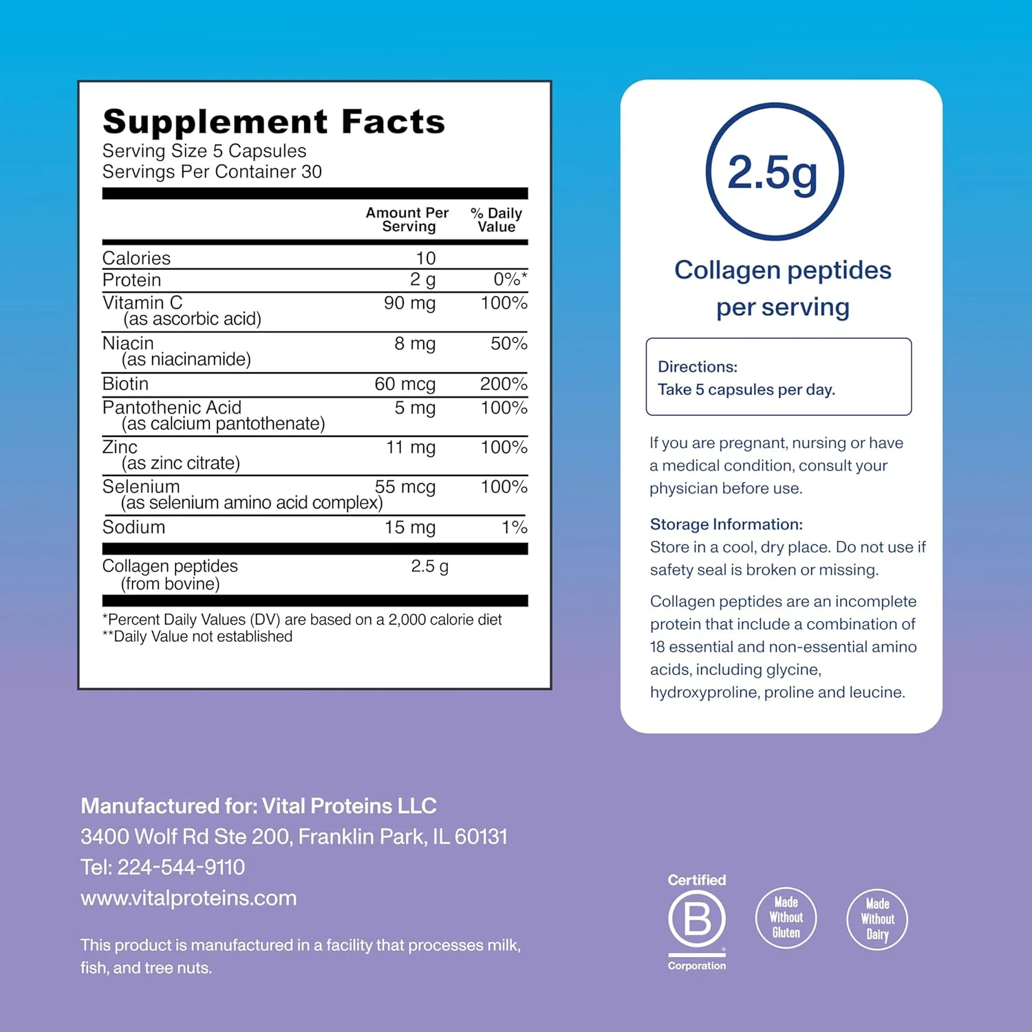 کپسول های پپتید کلاژن Vital Proteins Beauty Edition، 2.5 گرم کلاژن در هر وعده با بیوتین و ویتامین C، 30 وعده