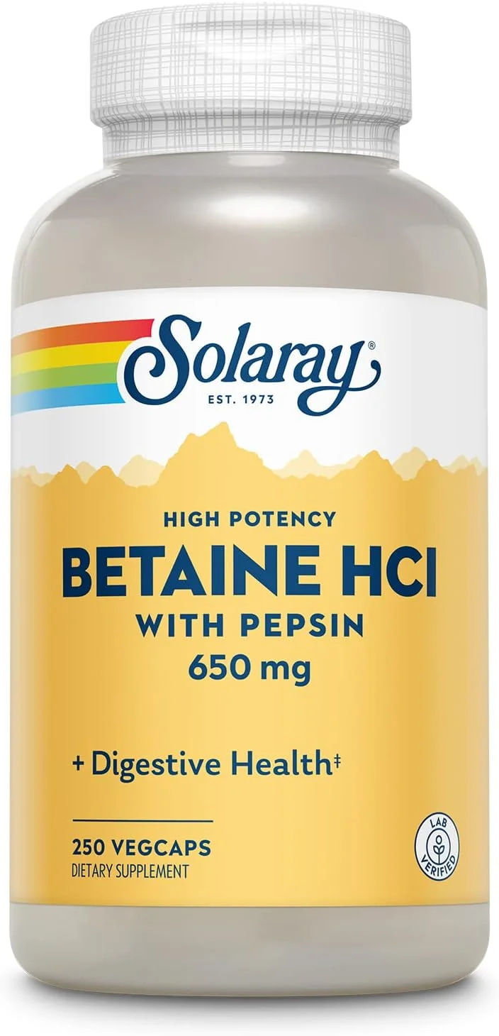 SOLARAY بتائین HCL با پپسین - فرمول اسید هیدروکلریک با قدرت بالا - مکمل سلامت دستگاه گوارش با آنزیم های گوارشی برای پشتیبانی از سلامت روده - 250 سروینگ، 250 کپسول گیاهی SOLARAY بتائین HCL با پپسین - فرمول اسید هیدروکلریک با قدرت بالا - مکمل سلامت دستگاه گوارش با آنزیم های گوارشی برای پشتیبانی از سلامت روده - 250 سروینگ، 250 کپسول گیاهی