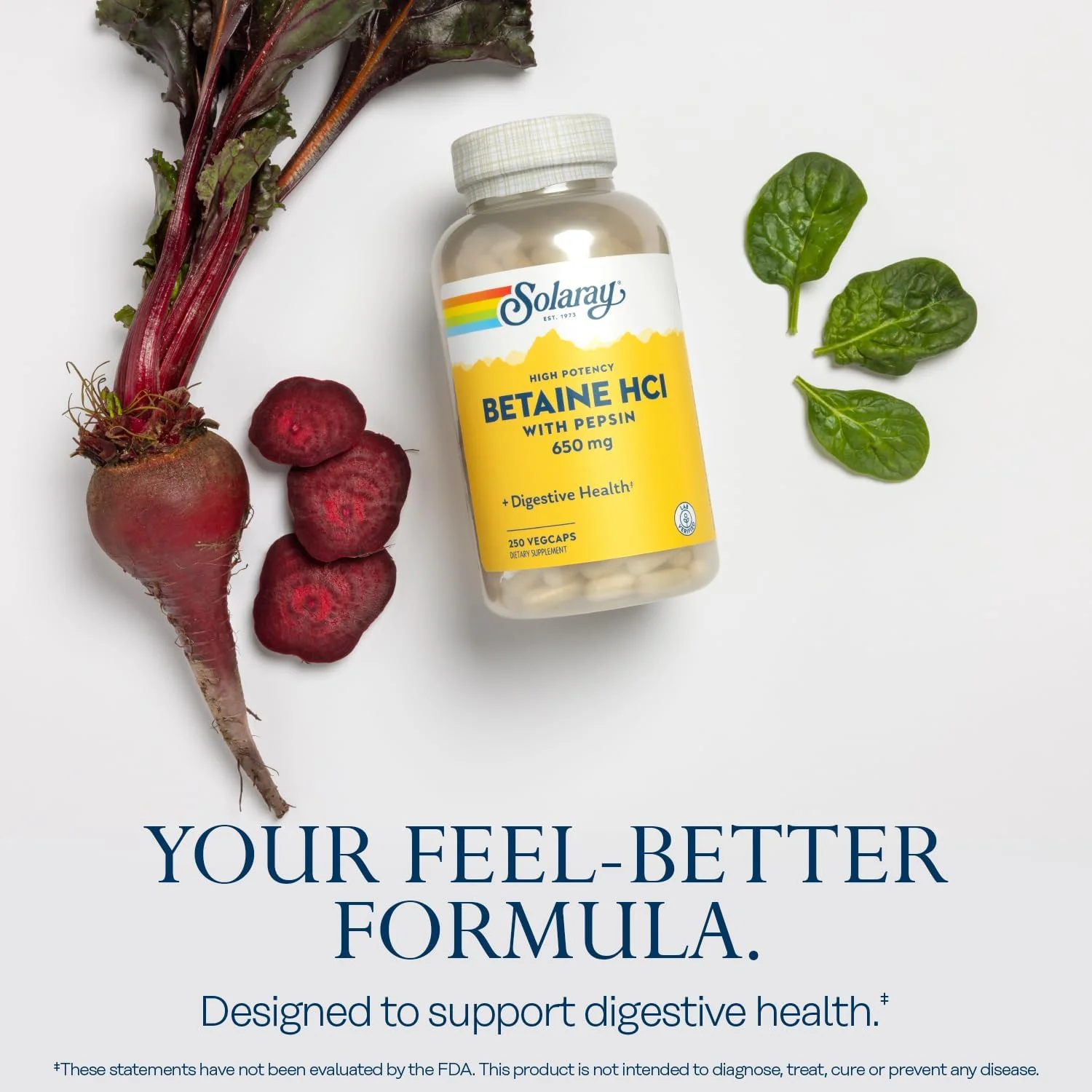 SOLARAY بتائین HCL با پپسین - فرمول اسید هیدروکلریک با قدرت بالا - مکمل سلامت دستگاه گوارش با آنزیم های گوارشی برای پشتیبانی از سلامت روده - 250 سروینگ، 250 کپسول گیاهی