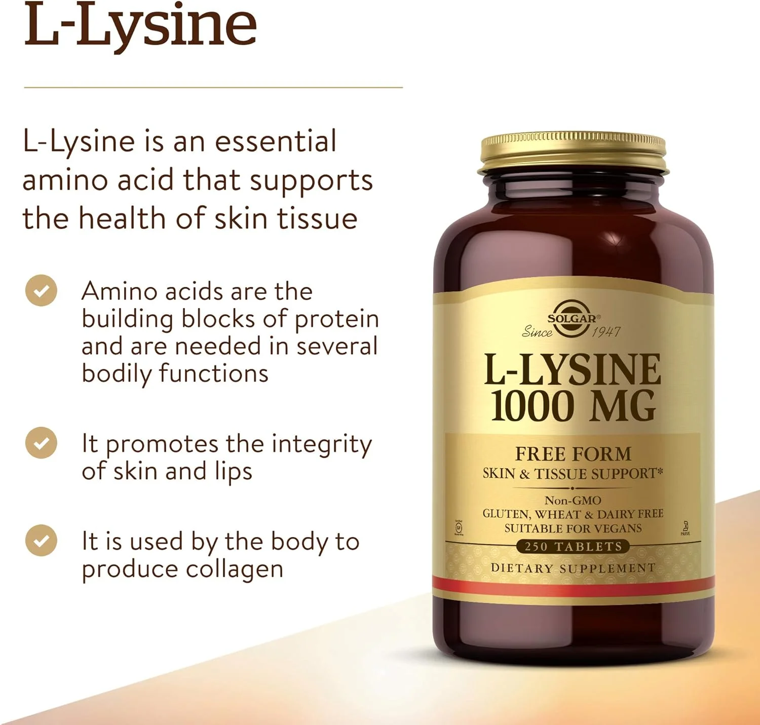 ال-لیزین ۱۰۰۰ میلی گرم سولگار، ۲۵۰ قرص - جذب و همسان سازی پیشرفته - پشتیبانی از کلاژن - اسیدهای آمینه - غیر تراریخته، وگان، بدون گلوتن - ۲۵۰ سروینگ
