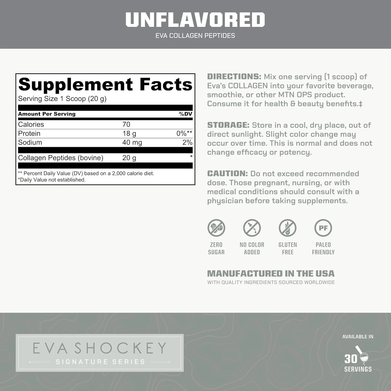 پودر پروتئین پپتید کلاژن MTN OPS از سری امضای اوا شوکی، 20 گرم پروتئین پپتید کلاژن گاوی بدون طعم در هر وعده، بدون شکر، مناسب برای رژیم پالئو، 30 وعده، 21.2 اونس
