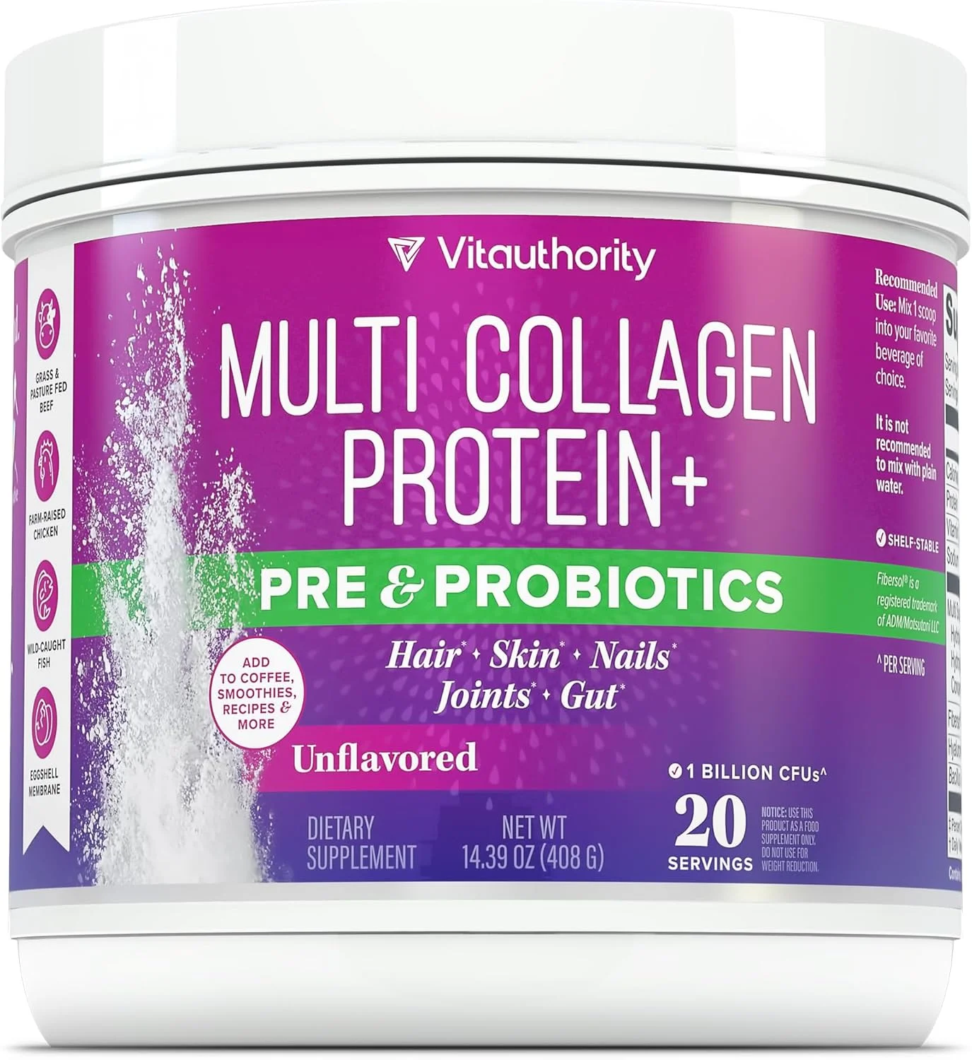 پودر پروتئین پروبیوتیک کلاژن چندگانه برای زنان پری‌بیوتیک | 20 گرم پپتیدهای کلاژن، اسید هیالورونیک، ویتامین C و فیبرزول، پشتیبانی از قابلیت ارتجاعی پوست، هضم و سلامت روده، بدون طعم، 20 سروینگ