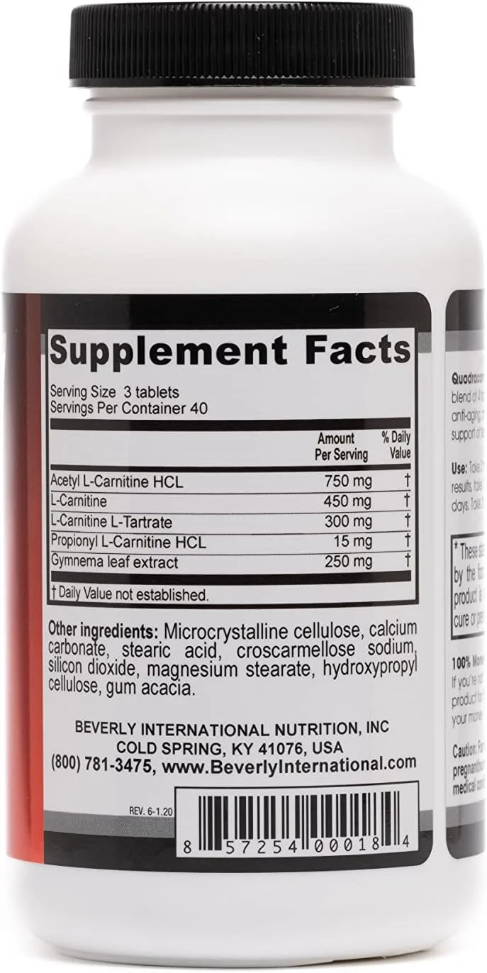 Beverly International Quadracarn 4X-Potency، ترکیب کارنیتین فوق العاده با کیفیت آزمایشگاهی برای کاهش چربی، تعریف عضلات، متابولیسم، خلق و خو، افزایش انرژی، ضد پیری، عملکرد مغز. 120 قرص.