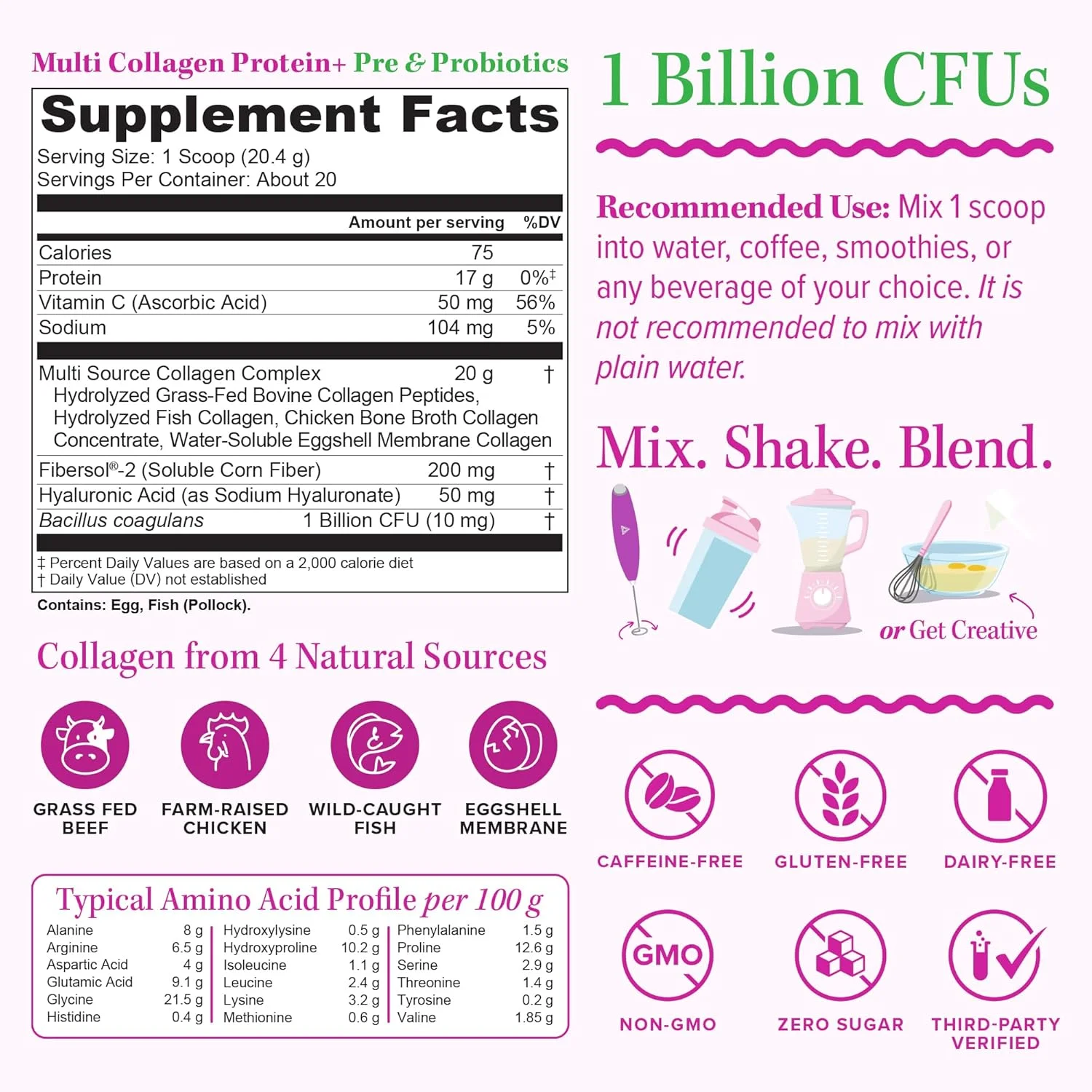 پودر پروتئین پروبیوتیک کلاژن چندگانه برای زنان پری‌بیوتیک | 20 گرم پپتیدهای کلاژن، اسید هیالورونیک، ویتامین C و فیبرزول، پشتیبانی از قابلیت ارتجاعی پوست، هضم و سلامت روده، بدون طعم، 20 سروینگ