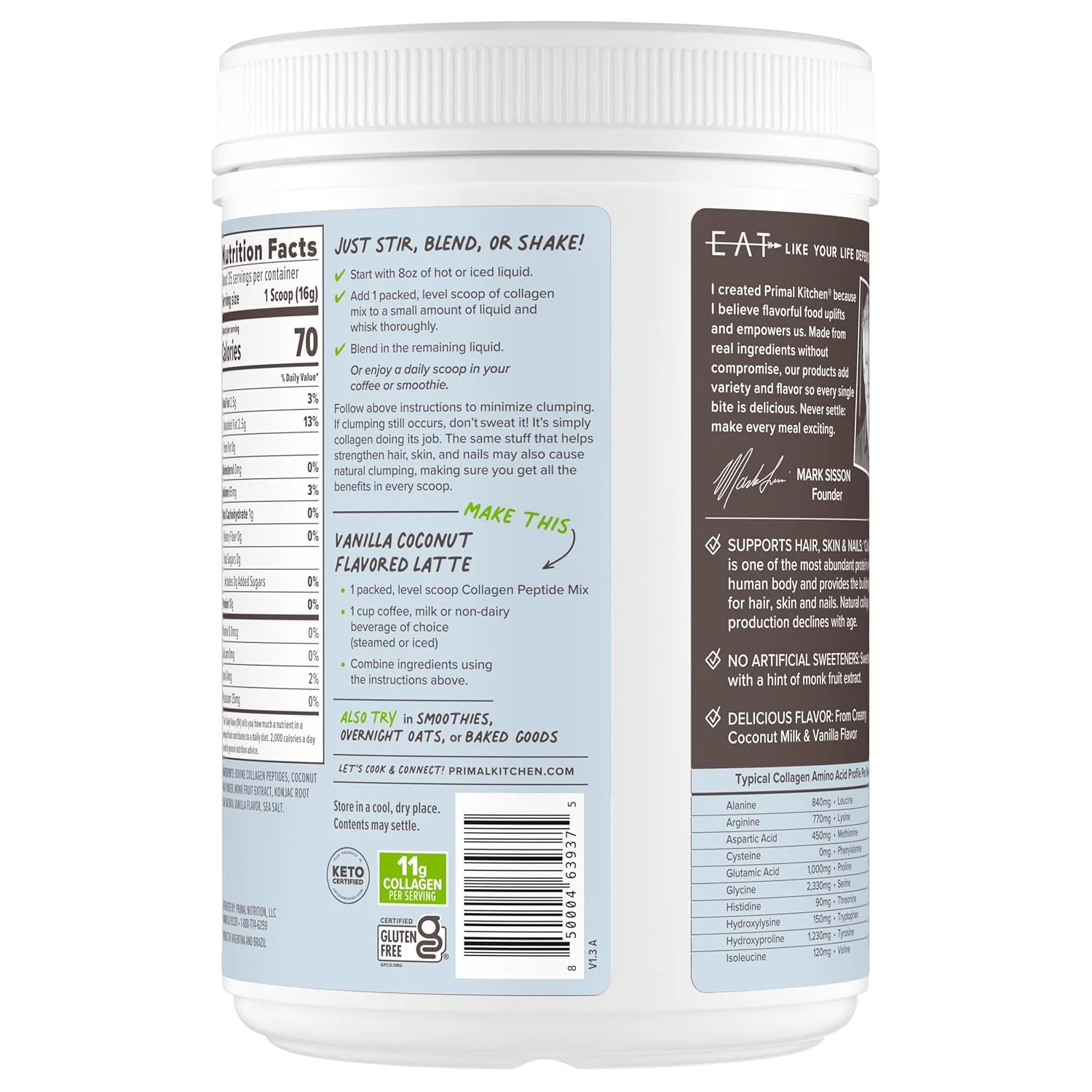 پودر نوشیدنی سوخت کلاژن وانیلی Primal Kitchen، پپتیدهای کلاژن نارگیل وانیلی، بدون لبنیات یا شیرین کننده های مصنوعی، 20 اونس