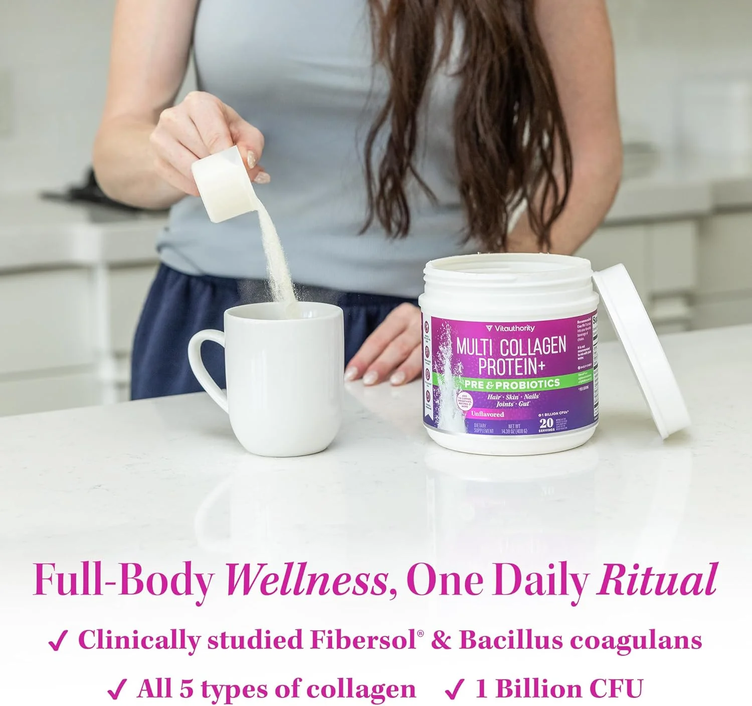 پودر پروتئین پروبیوتیک کلاژن چندگانه برای زنان پری‌بیوتیک | 20 گرم پپتیدهای کلاژن، اسید هیالورونیک، ویتامین C و فیبرزول، پشتیبانی از قابلیت ارتجاعی پوست، هضم و سلامت روده، بدون طعم، 20 سروینگ