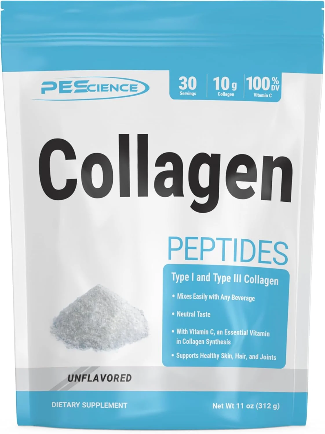 پودر پپتیدهای کلاژن PEScience، پروتئین کلاژن هیدرولیز شده با ویتامین C، 30 سروینگ، بدون طعم، پشتیبانی از مو، پوست و ناخن