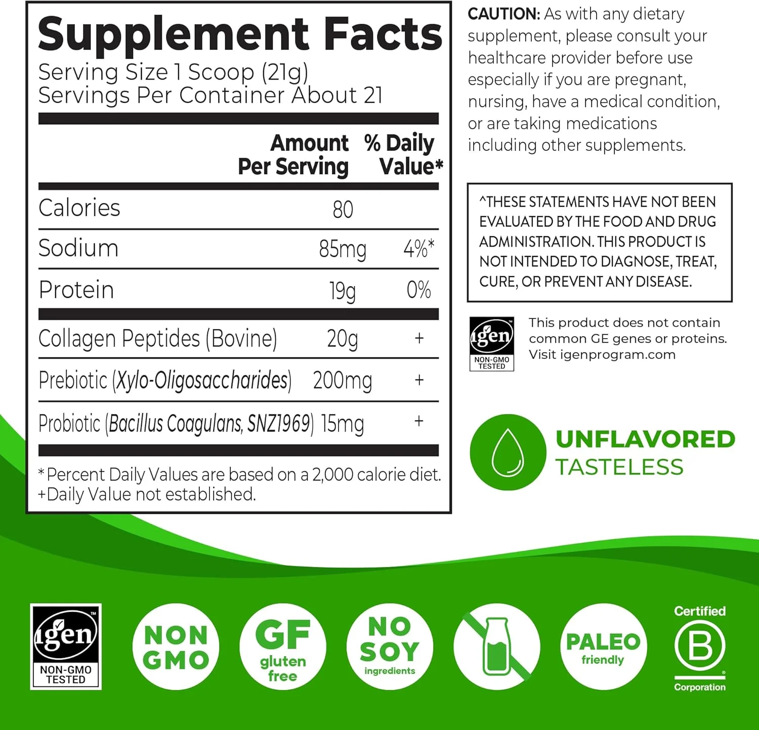 پودر پپتیدهای کلاژن هیدرولیز شده ارگانیک + پری بیوتیک و پروبیوتیک برای زنان و مردان، 20 گرم کلاژن تغذیه شده با علف، 1 میلیارد CFU - پشتیبانی از سلامت دستگاه گوارش، مو، پوست و مفاصل، غیر GMO، نوع I و III، 1 پوند