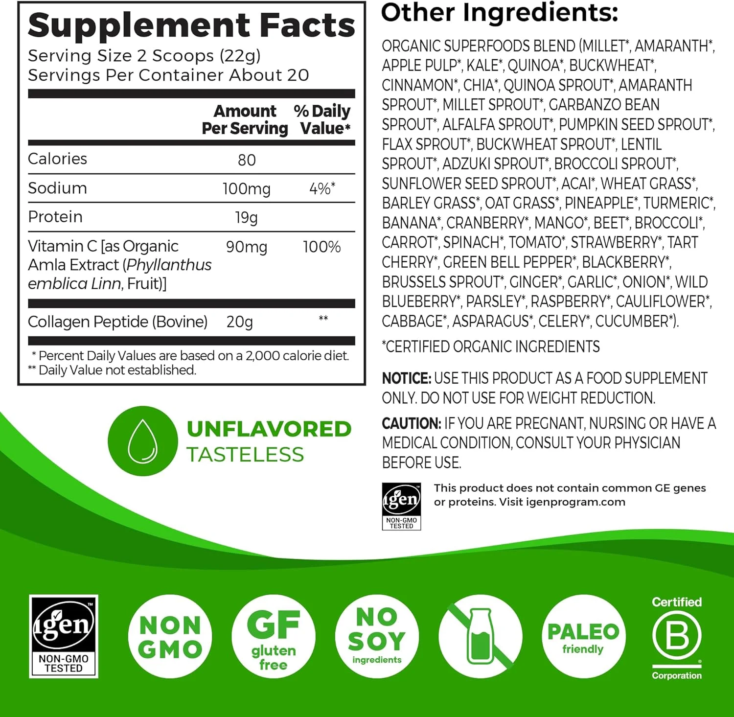 پودر کلاژن هیدرولیز شده ارگانیک + 50 سوپرفود ارگانیک برای زنان و مردان، 20 گرم کلاژن تغذیه شده با علف به همراه ویتامین C، بدون طعم - مکمل حمایت از مو، پوست، ناخن و مفاصل، غیر GMO، نوع I و III، 453 گرم